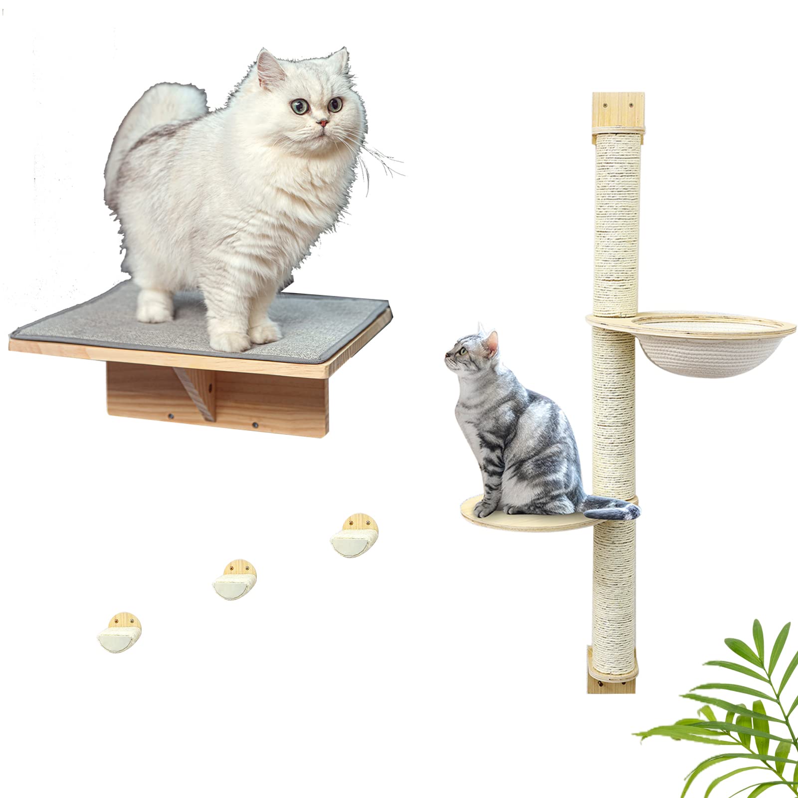 Premium Cat Wall Mounted Scratching Post with Solid Wood Steps & Woven Hammock - Natural Wood Cat Shelves & Window Perch - Removable Mat for Easy Cleaning - Perfect for Indoor Cats to Climb, Scratch & Relax by Windows