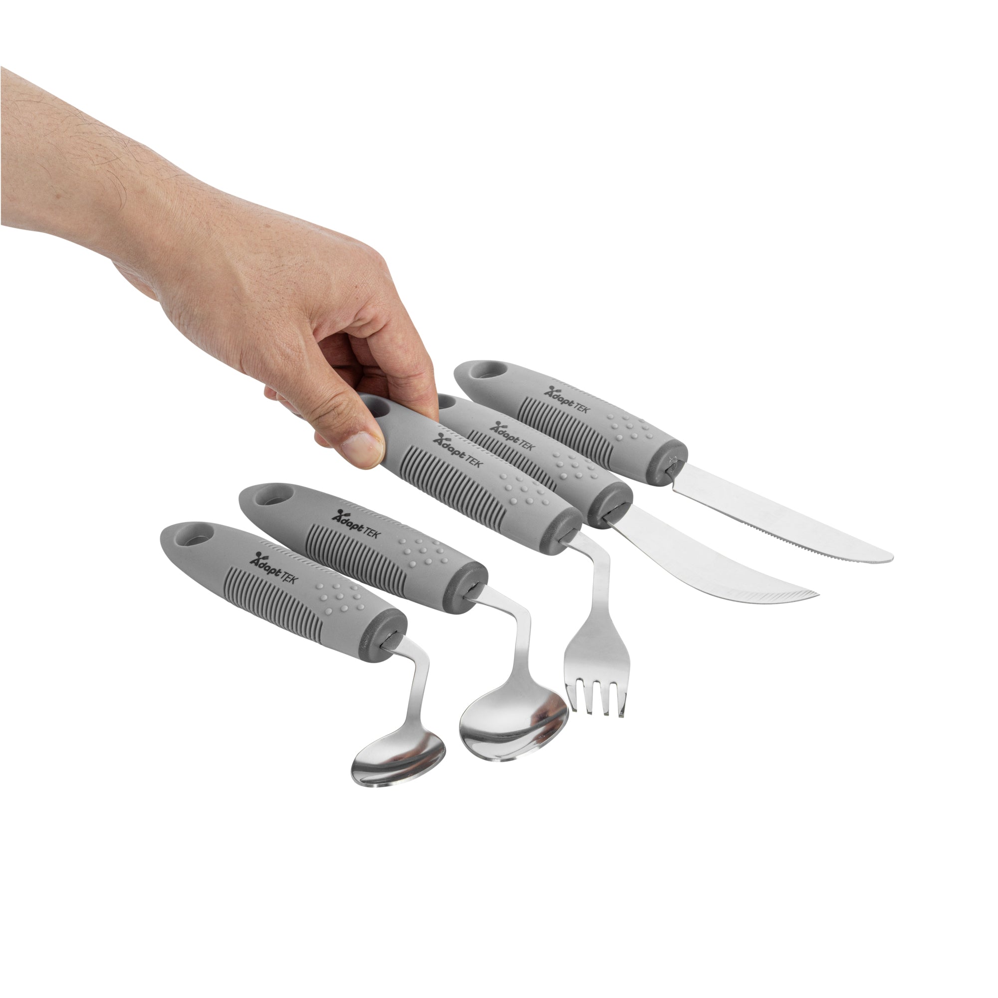 Adapt Tek Gray Stainless Steel 5-Piece Adaptive Offset Utensil Set for Left-Handed Users - Lightweight, Non-Slip Grip - Perfect for Arthritis & Limited Mobility - Kitchen & Dining Essentials (1 Count)