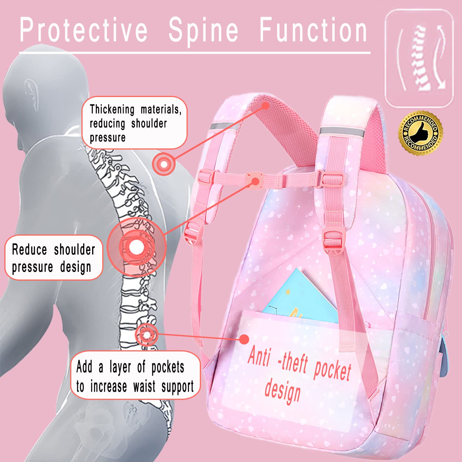 **Cute Pink Kawaii Backpack for Girls - Starry Rainbow School Bookbag, Aesthetic Kids Backpack Set (3 PCS) - Perfect for School, Travel & Daily Use**