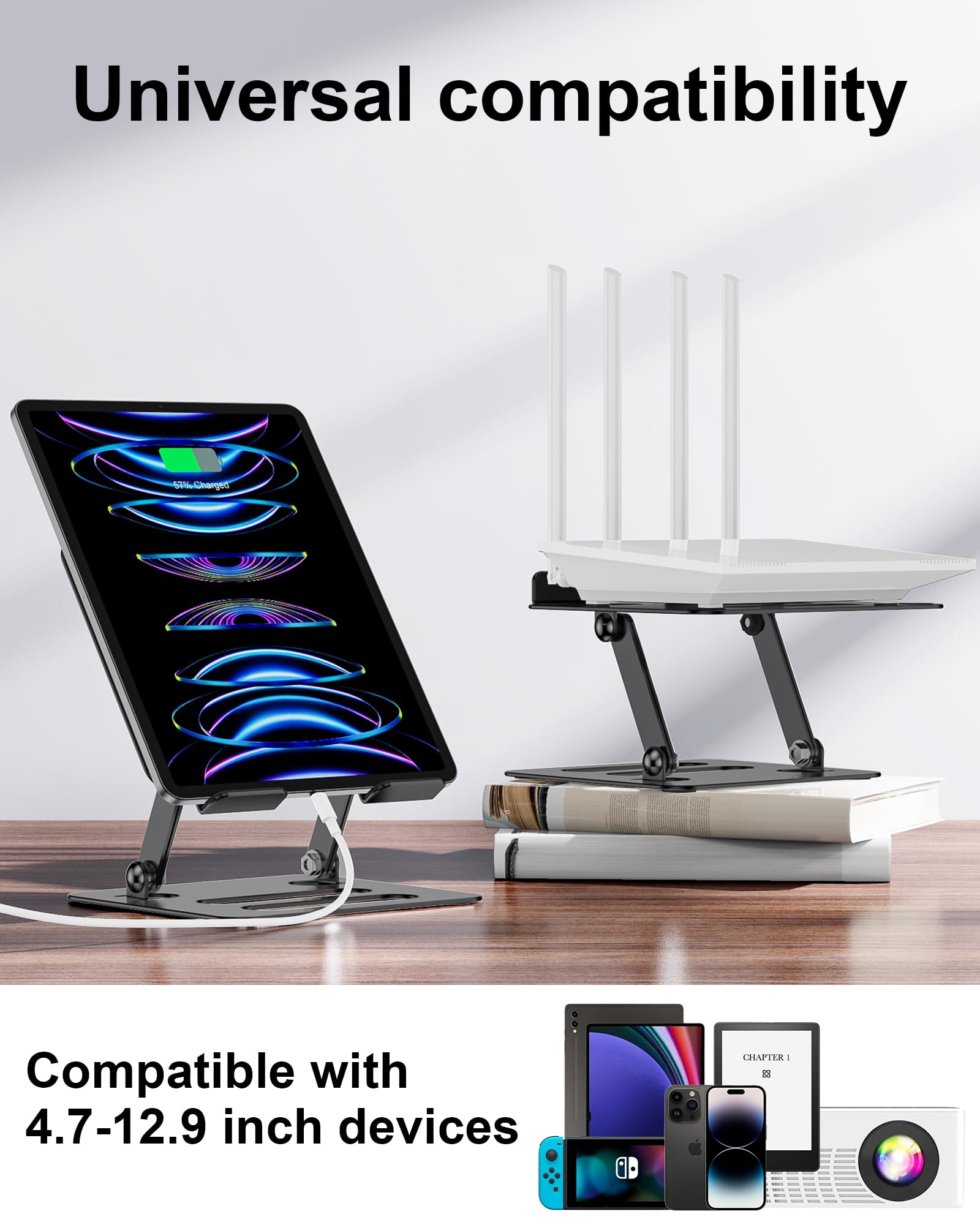 Adjustable Aluminum Tablet Stand Holder for iPad, Kindle & More (4.7-12.9 inch) - Foldable & Portable for Desk, Travel - Compatible with iPad Pro/Air/Mini - Perfect for Reading, Watching Videos & Video Calls - Black