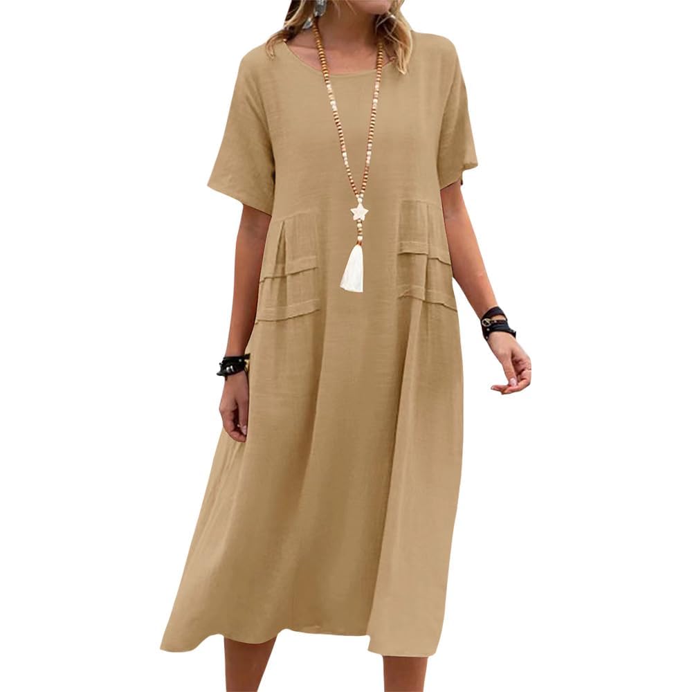 Women's Cotton Linen Midi Dress - Short Sleeve Casual Summer Dress with Pockets | Flowy Loose Fit for Beach, Vacation & Everyday Wear