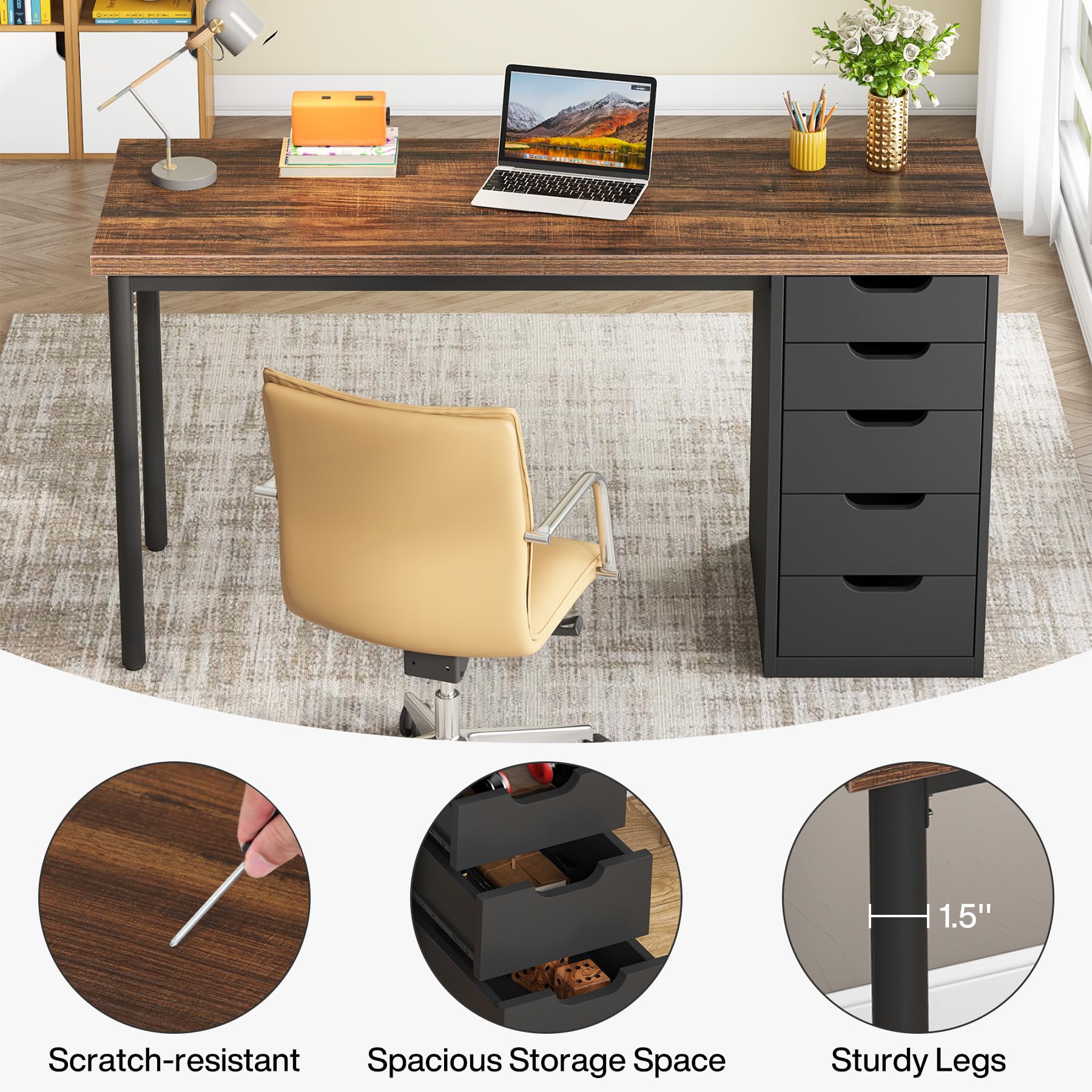 Tribesigns 47-inch Rustic Brown Computer Desk with 5 Drawers - Modern Home Office Desk with Storage, Space-Saving Laptop Study Writing Table for Small Spaces (Brown+Black) - Perfect for Home Office, Dorm Room & Small Apartments
