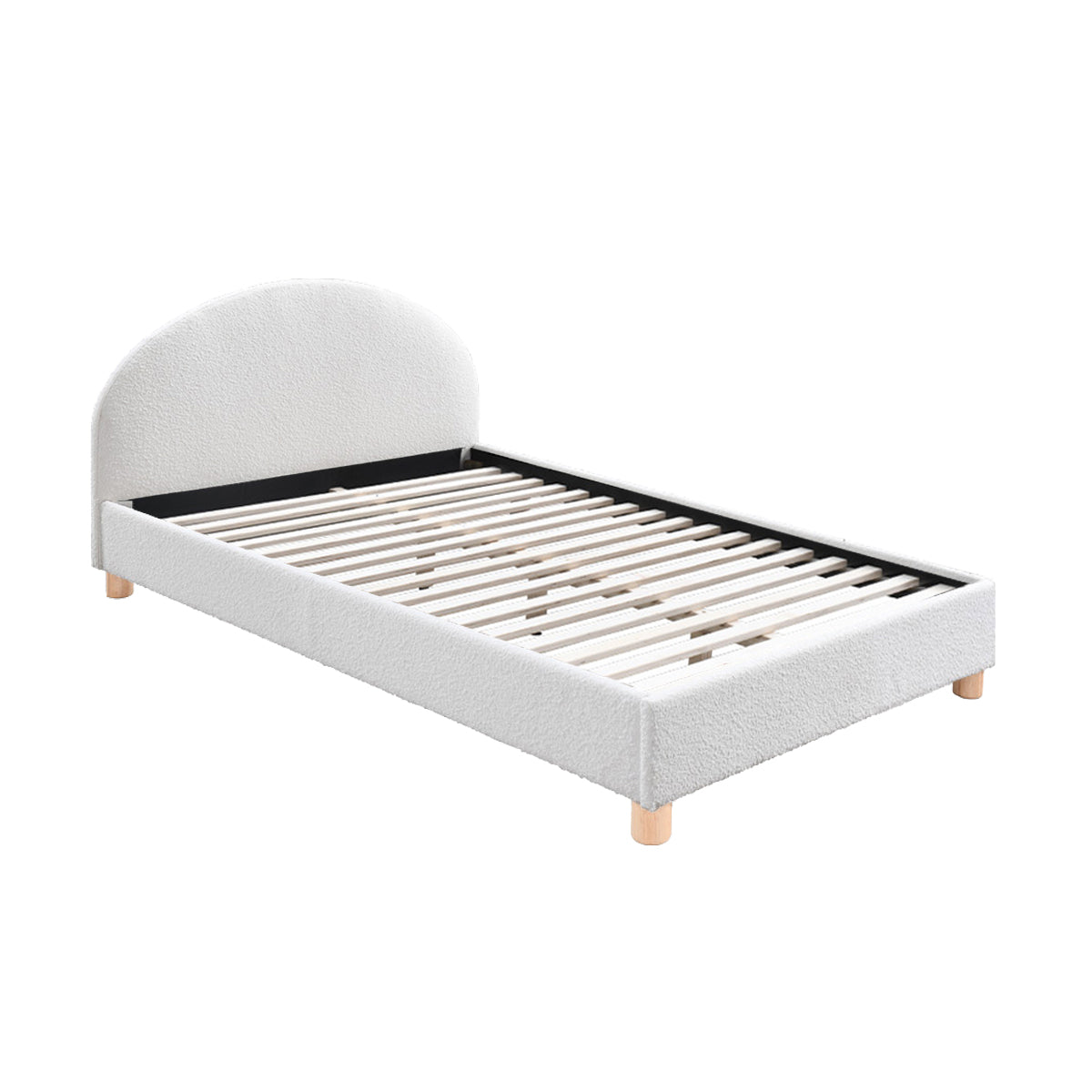 Archie Boucle King Single Bed Frame - White Upholstered Platform Bed with Wooden Slats for Bedroom, Guest Room, or Dorm | Modern Minimalist Design