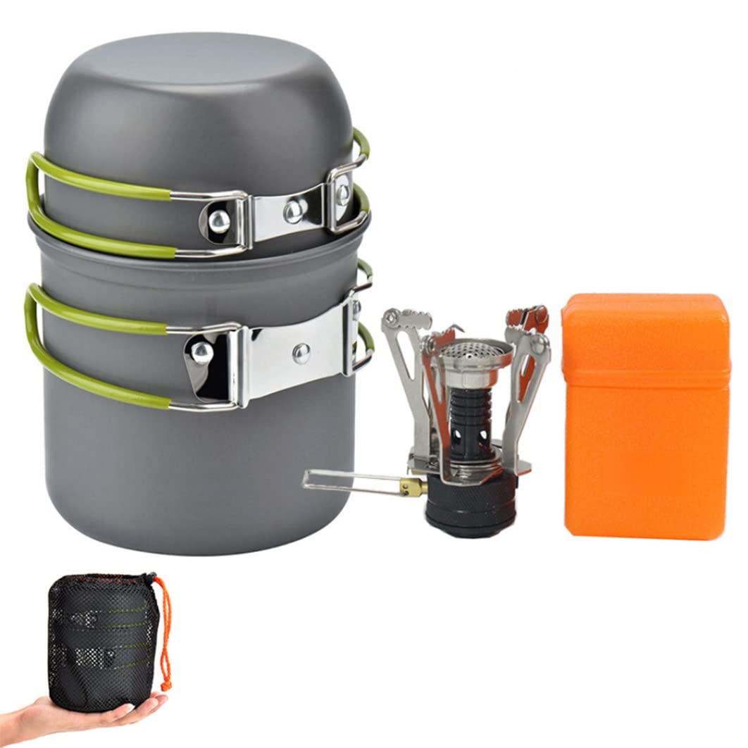 Eioflia Portable Camping Cookware Set - Lightweight Aluminum Cooking Pot, Pan & Cups for 2-3 People - Stainless Steel Tableware Kit for Outdoor Backpacking, Hiking, Picnic & Travel Adventures