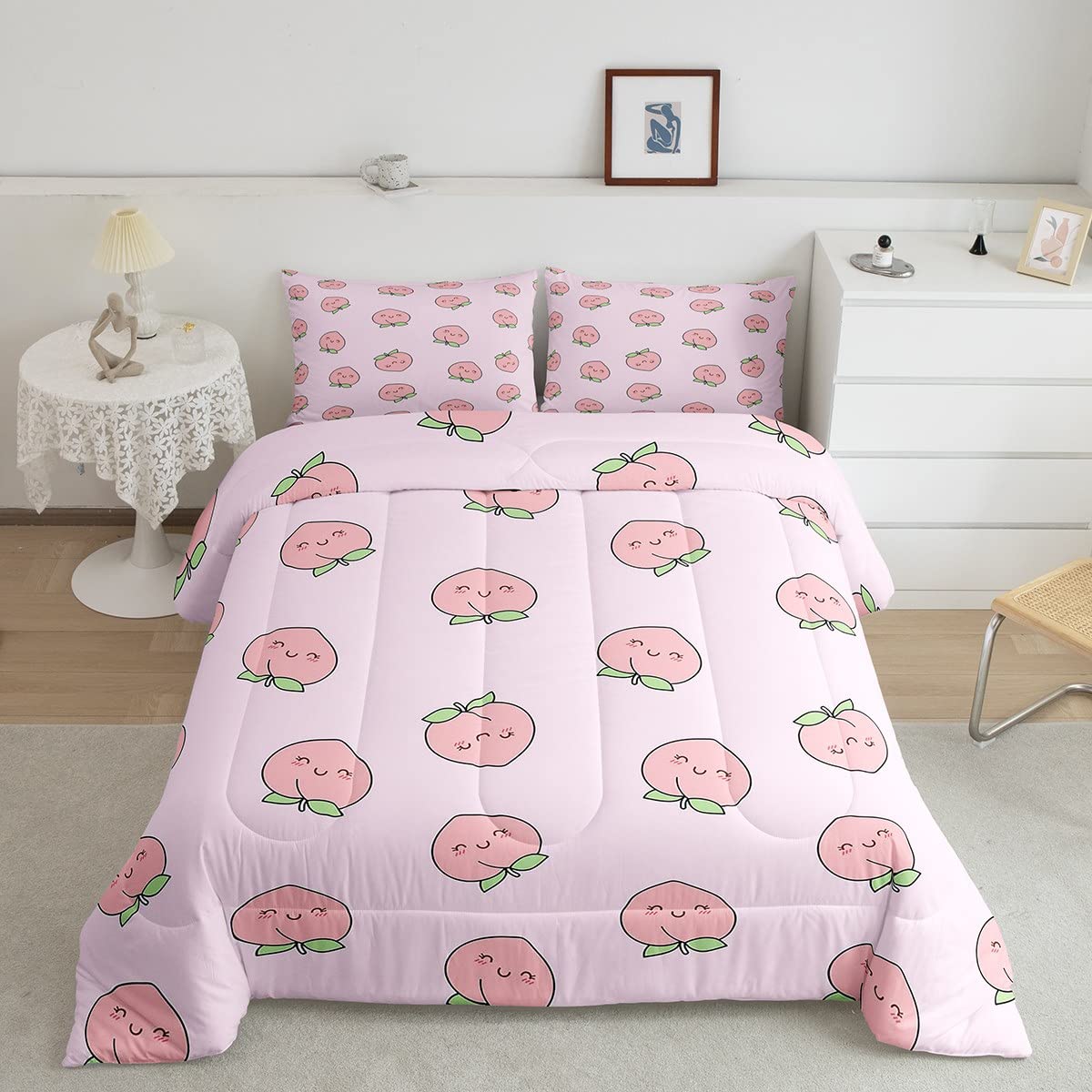 Erosebridal Peach Comforter Set Queen Size - Cute Cartoon Red Fruit Printed Reversible Duvet Cover for Girls, Women & Kids - Soft Warm Kawaii Bedding Set with Pink Nature Plant Design - Perfect for Teen Rooms, Dorm Decor & Cozy Bedroom Makeover