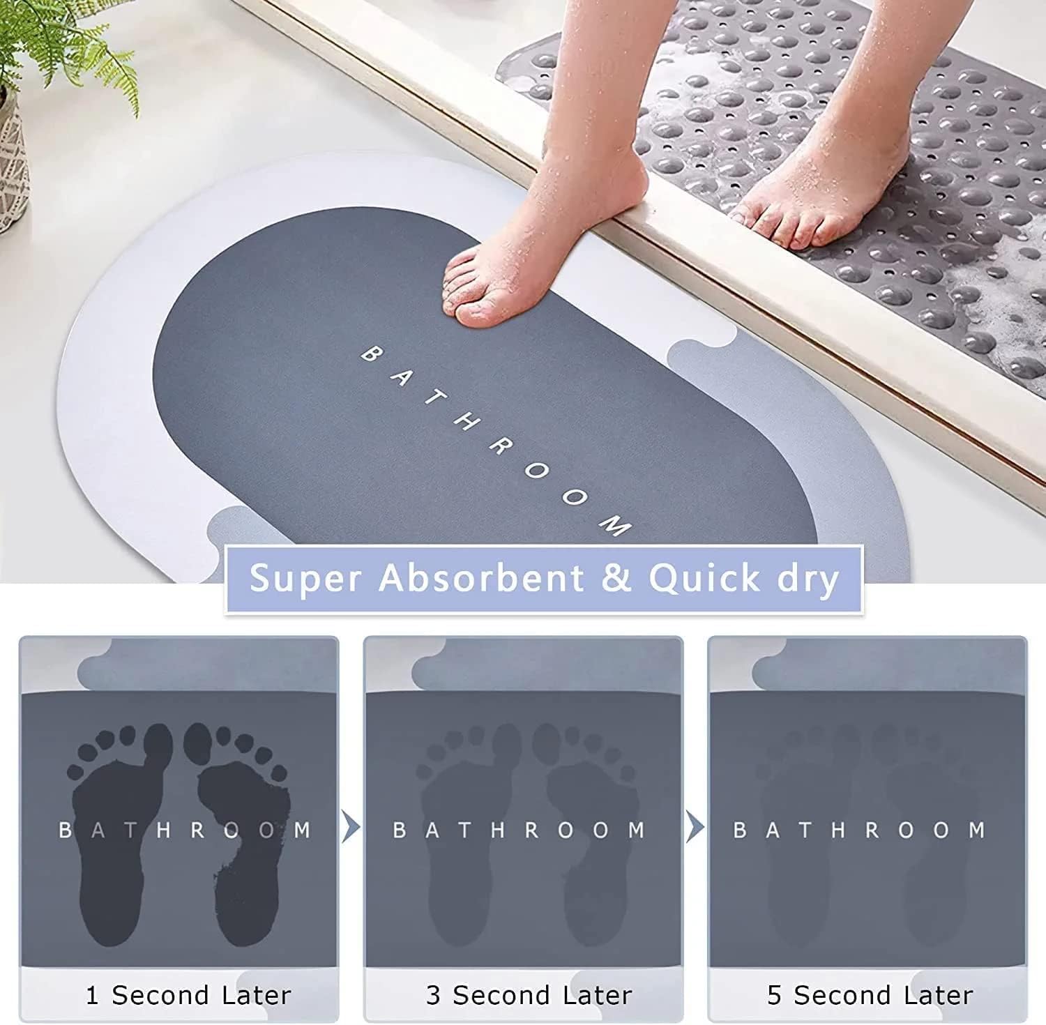 Non-Slip Quick Dry Bath Mat - Super Absorbent Diatomite Bathroom Floor Mat, Anti-Skid Shower Mat for Wet Areas, Grey (Pack of 1) - Perfect for Bathroom, Shower, Poolside & Entryway Safety