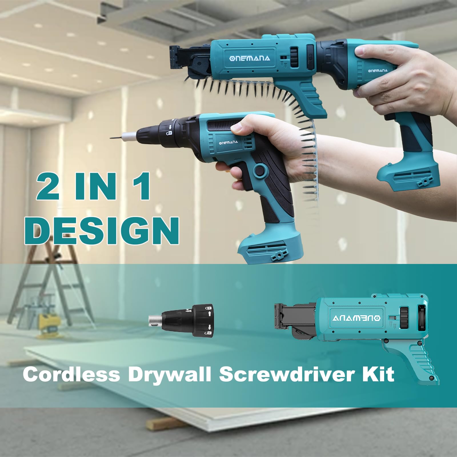 2 in 1 Brushless Drywall Screw Gun & Auto Feed Screwdriver Set - 20V Cordless with Length/Depth Adjustment, LED Light & Attachments - Perfect for Drywall Installation, Home Renovation & DIY Projects