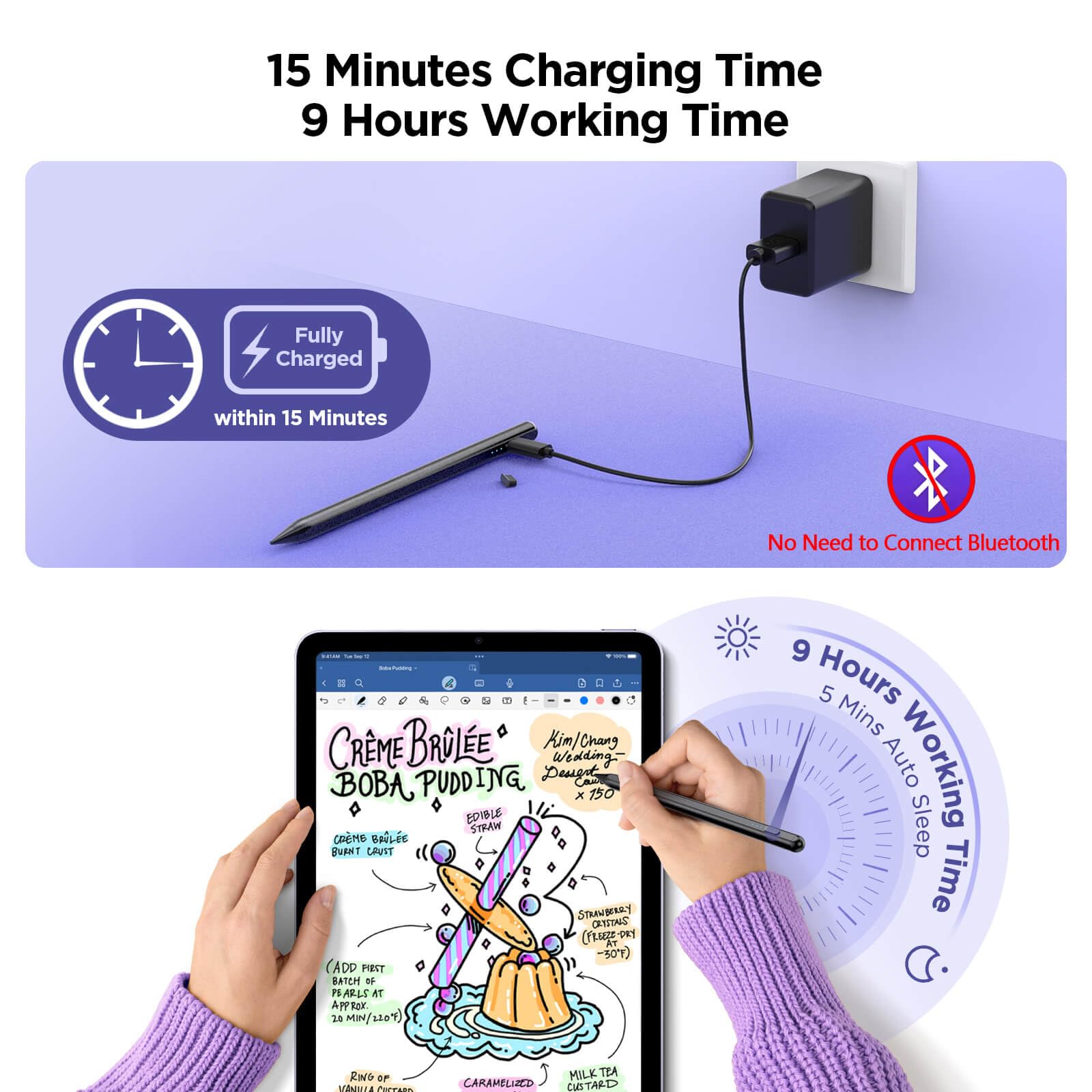 Apple Pencil Stylus for iPad 2018-2024 - Fast Charging in 15 Minutes with Palm Rejection & Tilt Sensitivity - Compatible with iPad 10/9/8/7/6, iPad Pro 12.9