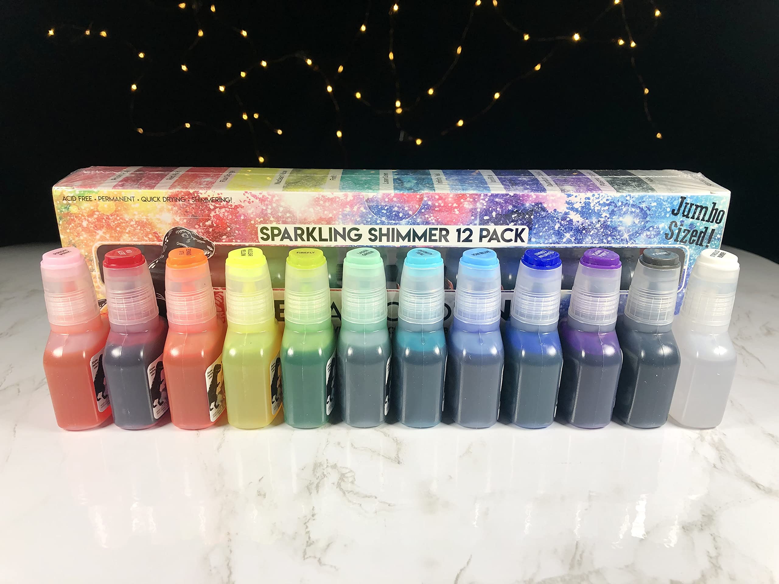T-Rex Inks Starlight Shimmer Sparkling Alcohol Ink 12 Bottle Set (20ml Each) - Glitter Alcohol Ink for Epoxy Resin, Painting, Tumbler Cups, DIY Crafts - Includes Shimmering Clear Blender - Perfect for Art Projects, Home Decor & Gift Making