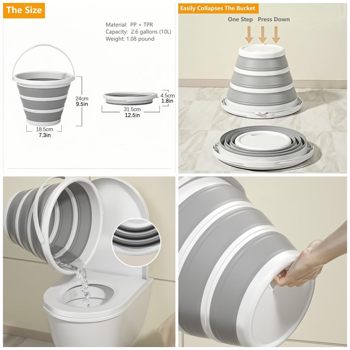 Collapsible Bucket 2.6 Gallons (10L) - Portable Foldable Cleaning Bucket with Handle for Car Washing, Mop, Fishing, Camping, Garden & Beach | Space Saving Design for Home & Outdoor Use