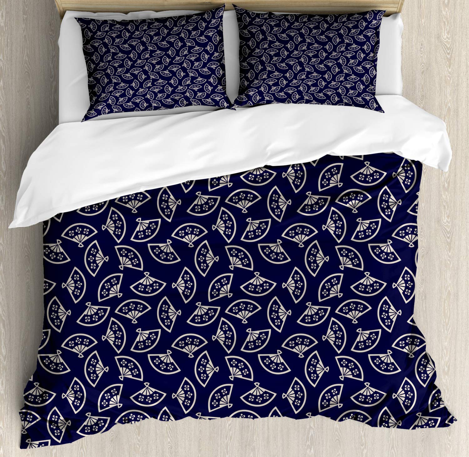 Ambesonne Geometric Duvet Cover Set - Queen Size 3-Piece Bedding with 2 Pillow Shams, Hand Fan & Kimono Inspired Oriental Design in Dark Blue & Cream | Perfect for Asian-Themed Bedrooms, Guest Rooms & Cultural Home Decor