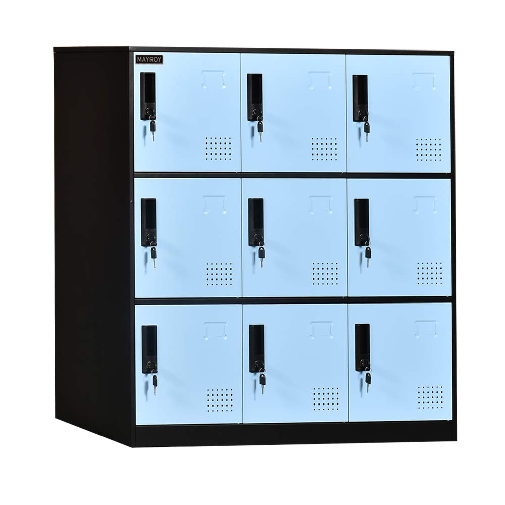 9-Door Metal Storage Locker Cabinet with Lock - Office, Home & School Organizer for Classroom, Gym, Kids Room & Playroom - Durable Blue Storage Solution for Sports Equipment, Toys & School Supplies