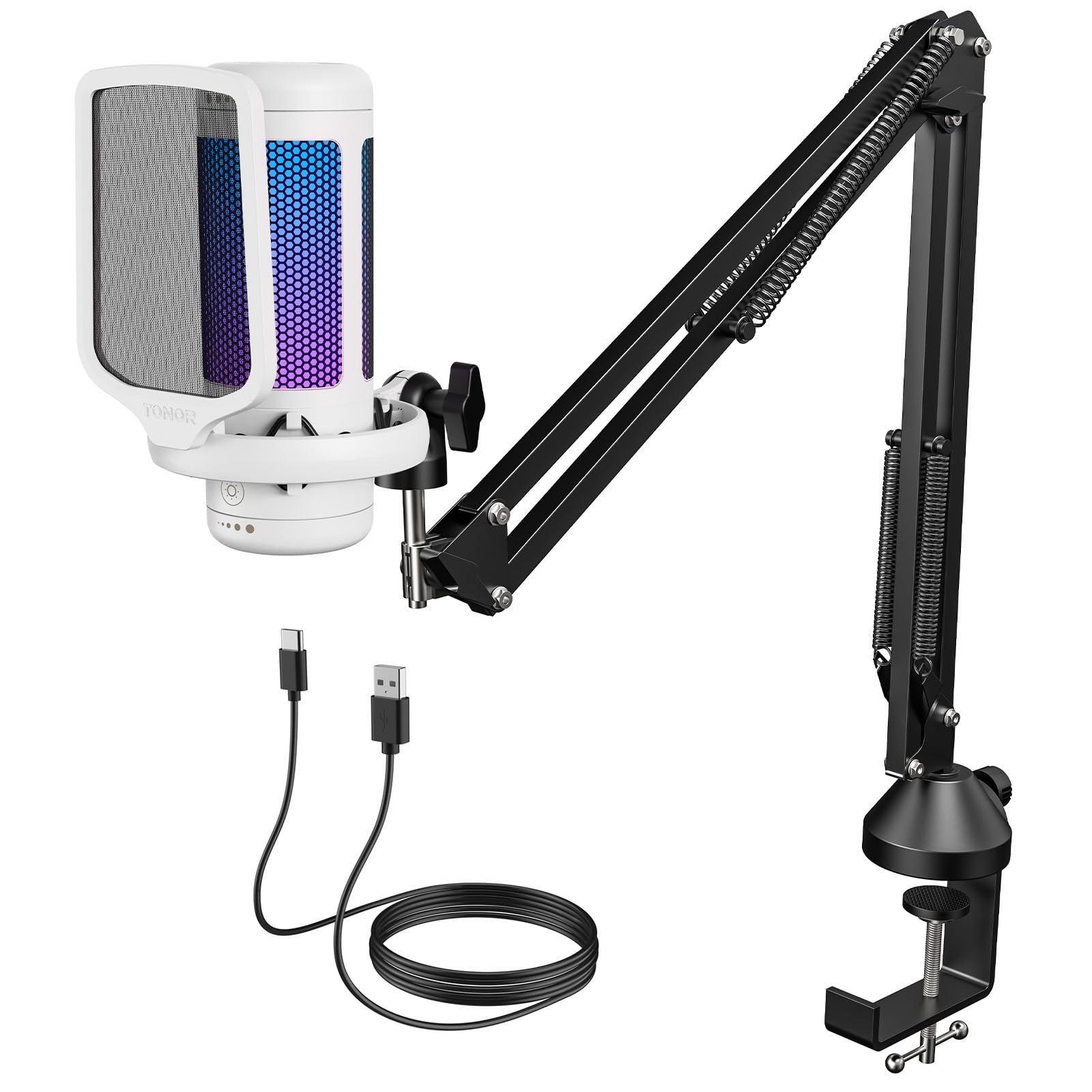 TONOR TC310+ RGB USB Condenser Microphone with Boom Arm Stand - Professional PC Gaming Mic for Streaming, Recording, YouTube, Discord, Voice Overs - Compatible with Computer, Laptop, Mac (White) | Perfect for Home Studio, Podcasting & Live Gaming Sessions