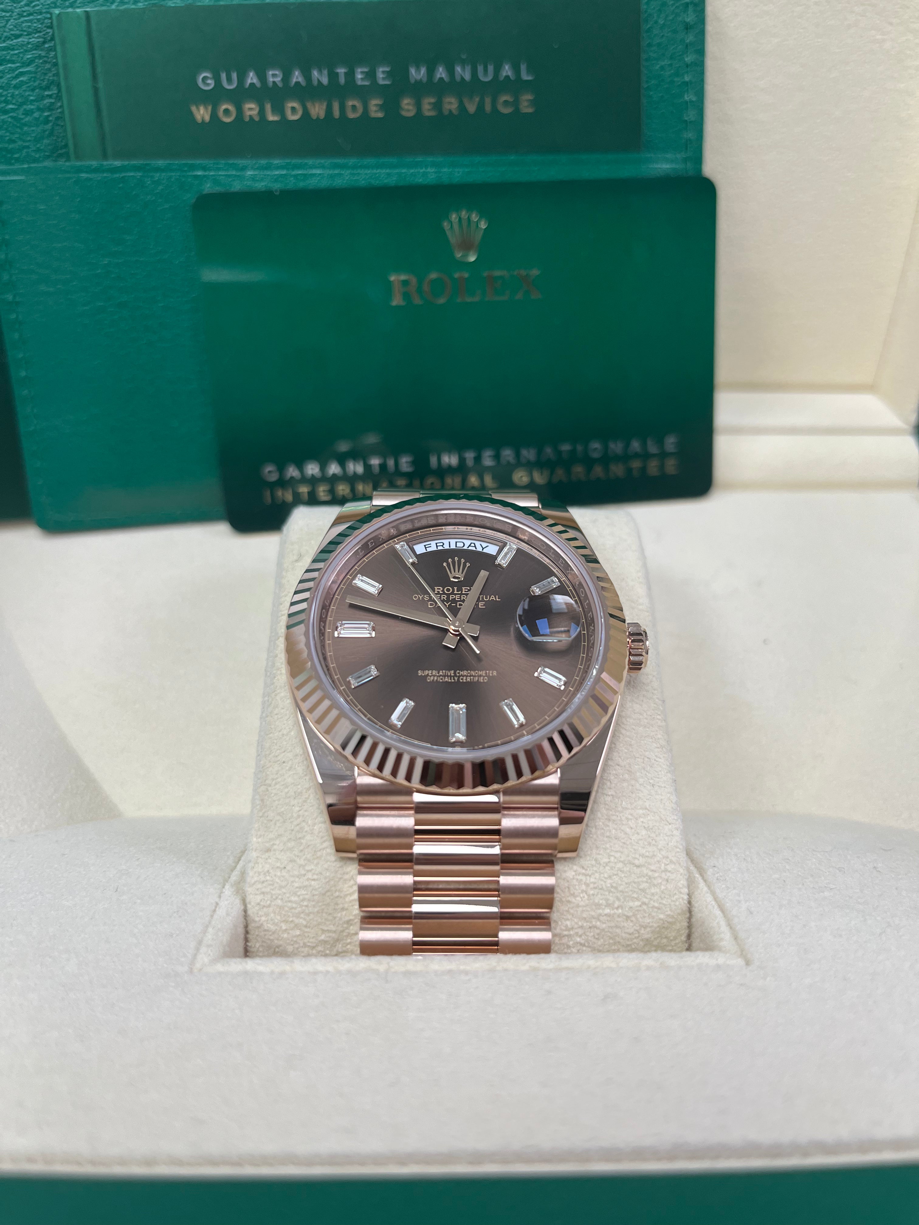 Rolex Day-Date 40 Rose Gold Men's Watch with Fluted Bezel & Chocolate Baguette Diamond Dial - Model 228235 | Luxury Dress Watch for Business & Formal Occasions