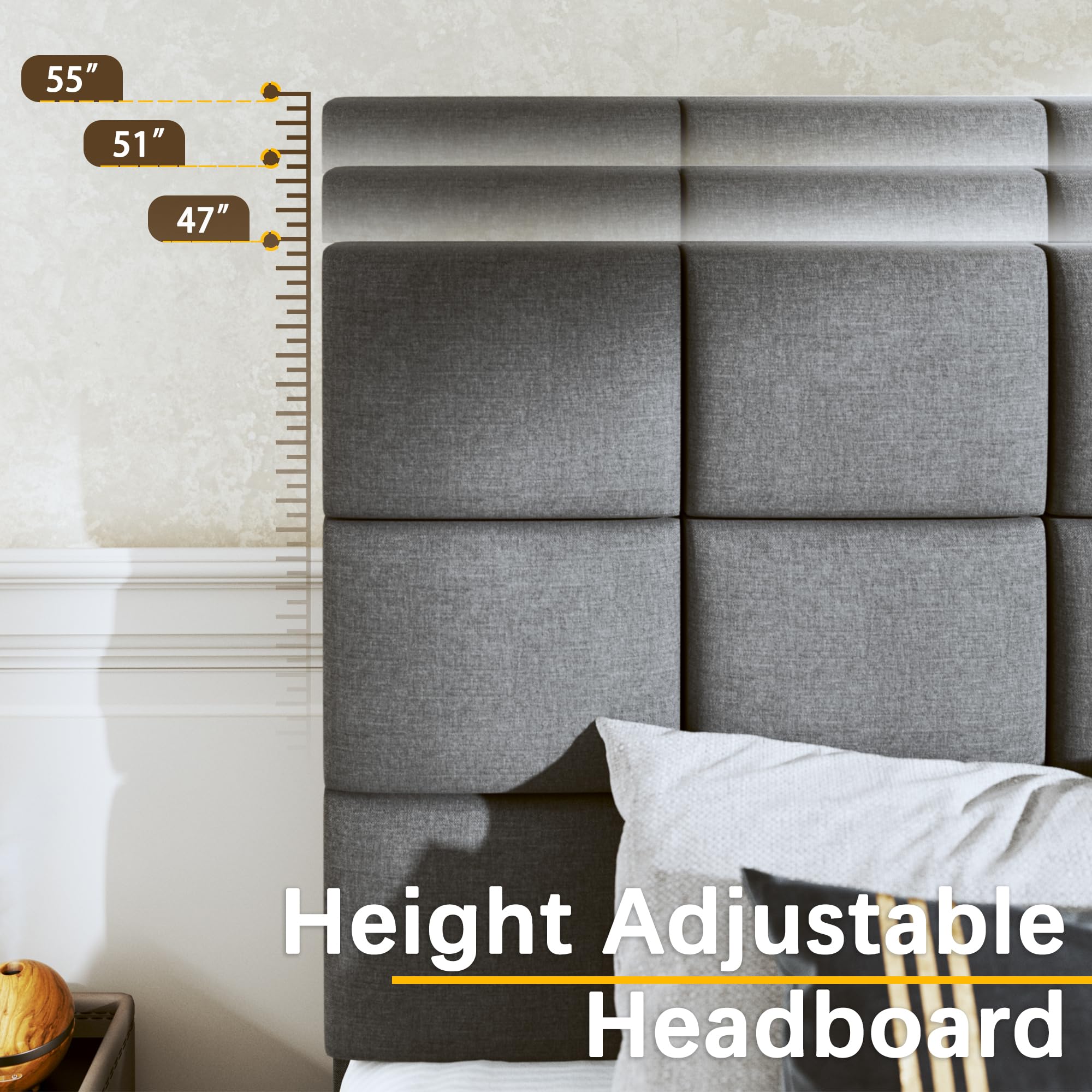 Queen Size Upholstered Platform Bed Frame with Adjustable Headboard - Linen Fabric, Tufted Design & Wooden Slats Support - No Box Spring Needed - Easy Assembly Mattress Foundation in Dark Grey - Perfect for Modern Bedrooms & Guest Rooms