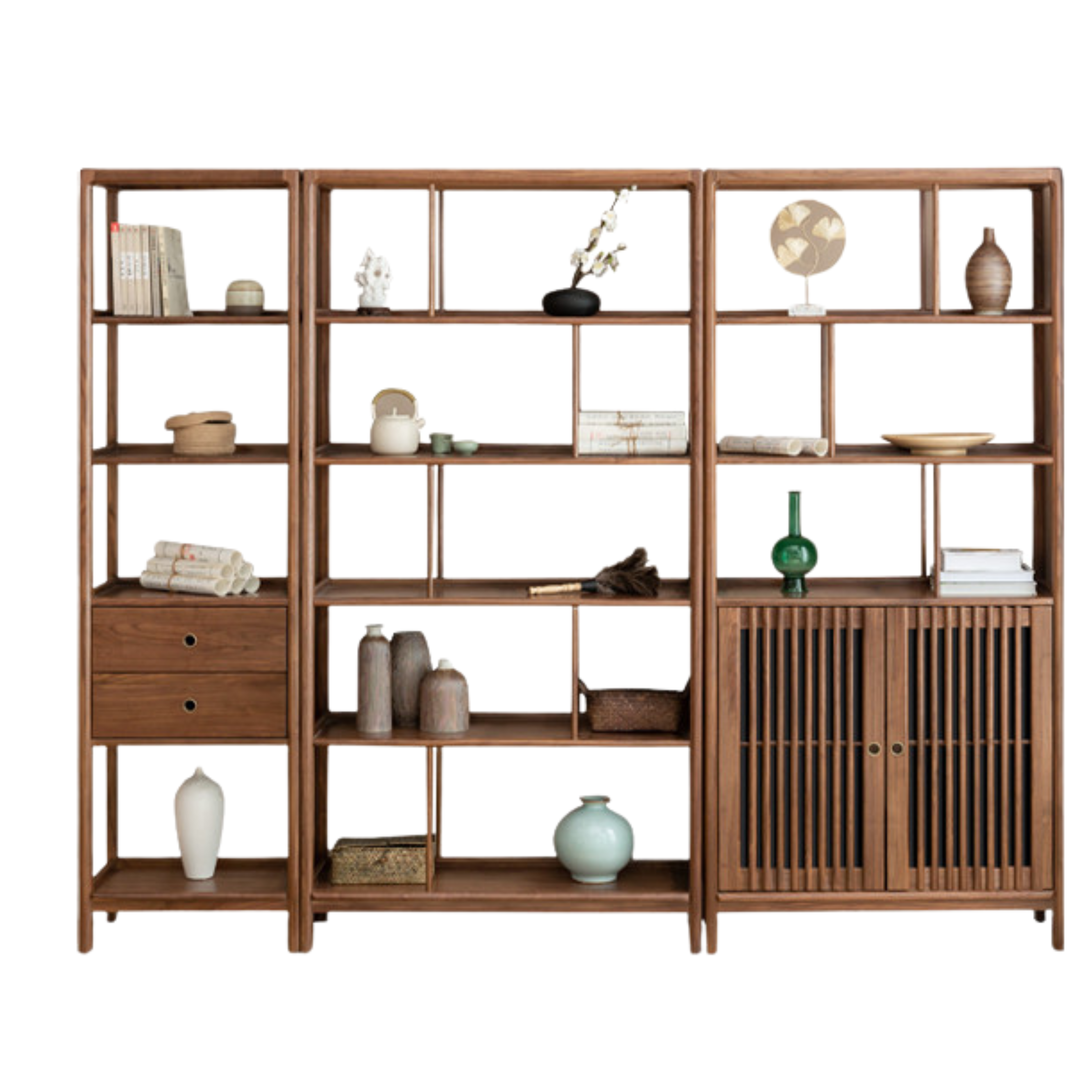 Solid Black Walnut & Ash Wood Bookshelf - Modern Bookcase with Display Cabinet & Wall Shelf for Living Room, Office & Library Storage