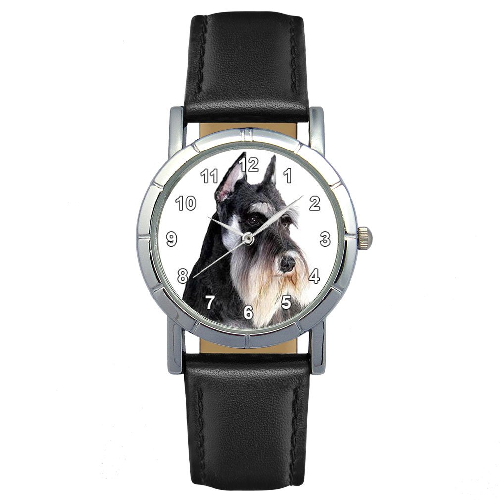 Timest Women's Black Leather Strap Analog Quartz Watch - Classic Round Dial Wristwatch for Schnauzer Lovers - Perfect for Casual Wear, Office & Gift Giving
