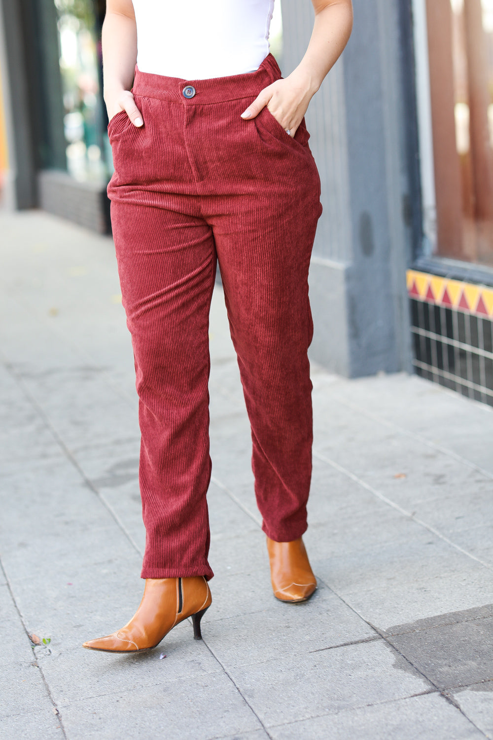 Going Your Way Burgundy Corduroy High Rise Tapered Pants for Women - Stylish Fall Winter Casual Office Pants
