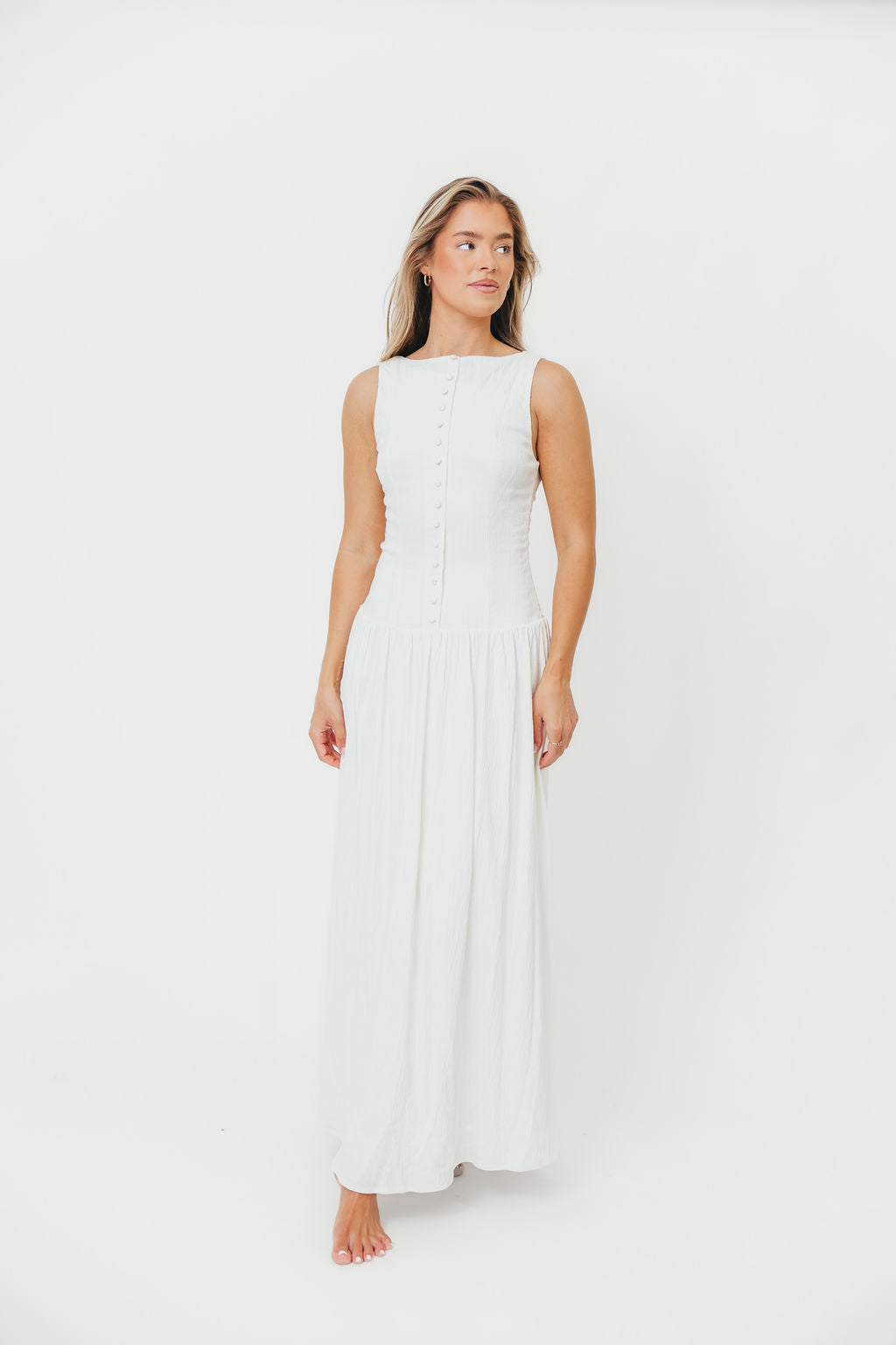 Sondra Stretch Maxi Dress with Button Detail & Dropped Waist - Off White Women's Summer Dress for Beach, Wedding & Casual Wear