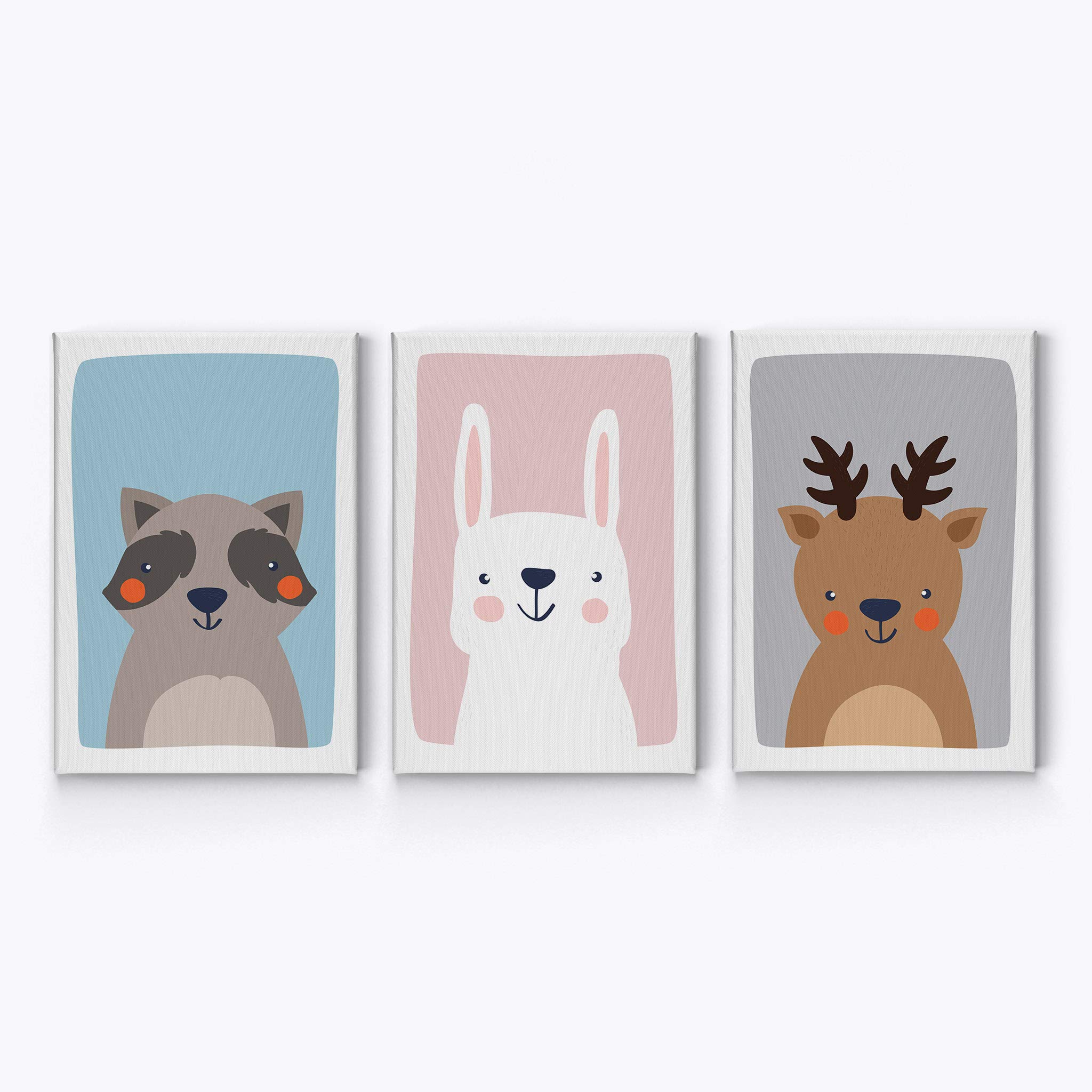 3-Piece Canvas Wall Art Set - Cute Raccoon, Rabbit & Deer on Blue, Pink & Gray Backgrounds | Kids Room Decor, Nursery Wall Art for Boys & Girls | Ready to Hang, Made in USA (36x24 inches each) | Perfect for Bedrooms, Playrooms & Baby Shower Gifts