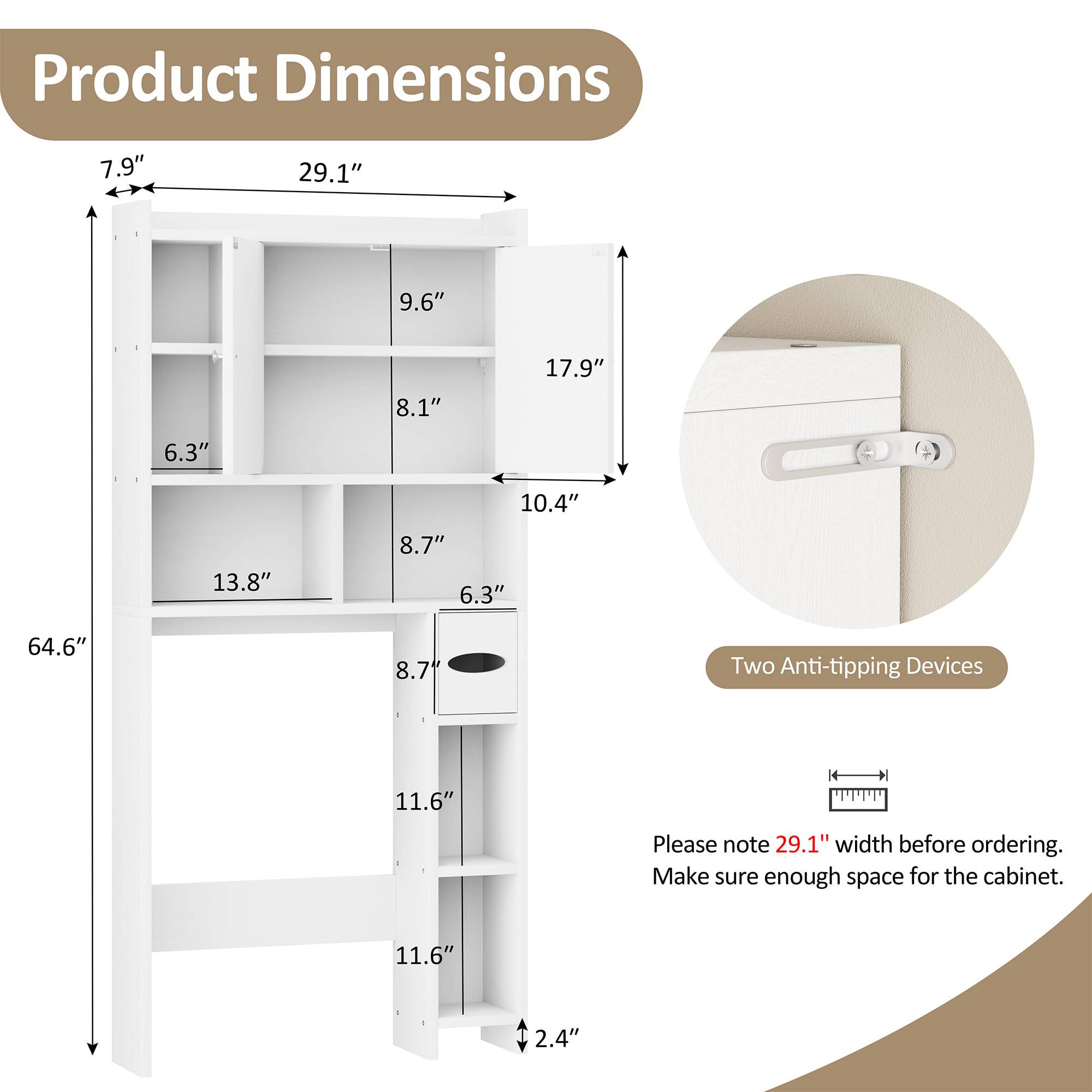 Meilocar Over The Toilet Storage Cabinet - Freestanding Farmhouse Bathroom Organizer with Adjustable Shelf & Toilet Paper Holder, White | Space-Saving Storage for Small Bathrooms, Apartments & Powder Rooms