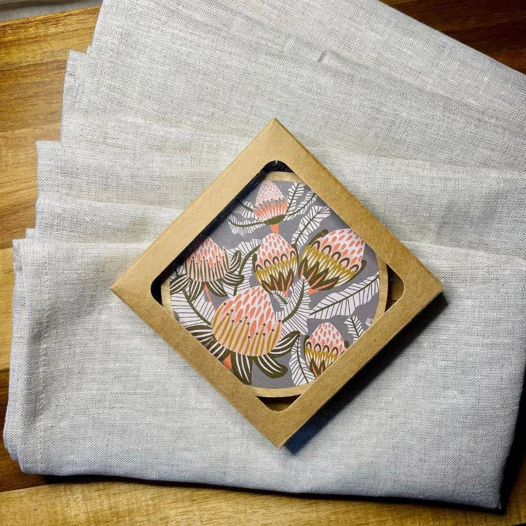 Bush Proteas Coaster and Napkin Set - 4-Piece Elegant Table Setting for Dining Room, Kitchen, or Outdoor Entertaining