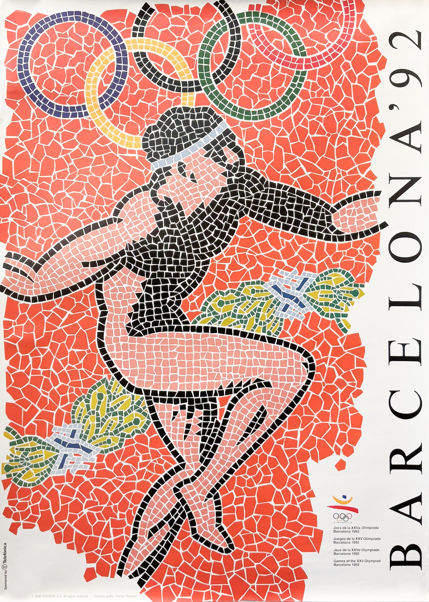 1992 Barcelona Olympics Poster - Mosaic Athlete Design by Carlos Rolando | Vintage Sports Decor, Memorabilia for Olympics Fans & Collectors