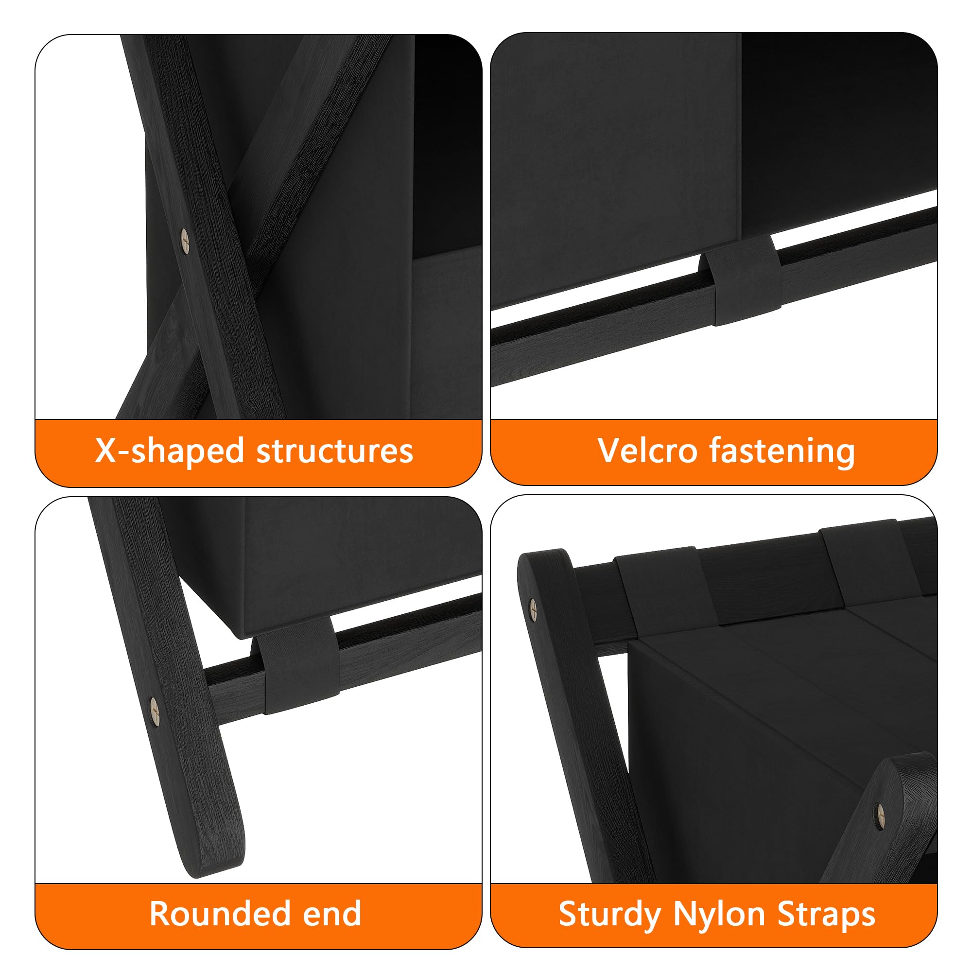 Heybly Heavy-Duty Bamboo Luggage Rack with Laundry Bag & Storage - 26.4×18.5×20 Inches Suitcase Stand for Bedroom, Guest Room & Hotel Use - Holds up to 141 lb (Black, HLR011B1) - Perfect for Organizing Suitcases, Storing Travel Essentials & Keeping Floors Clean