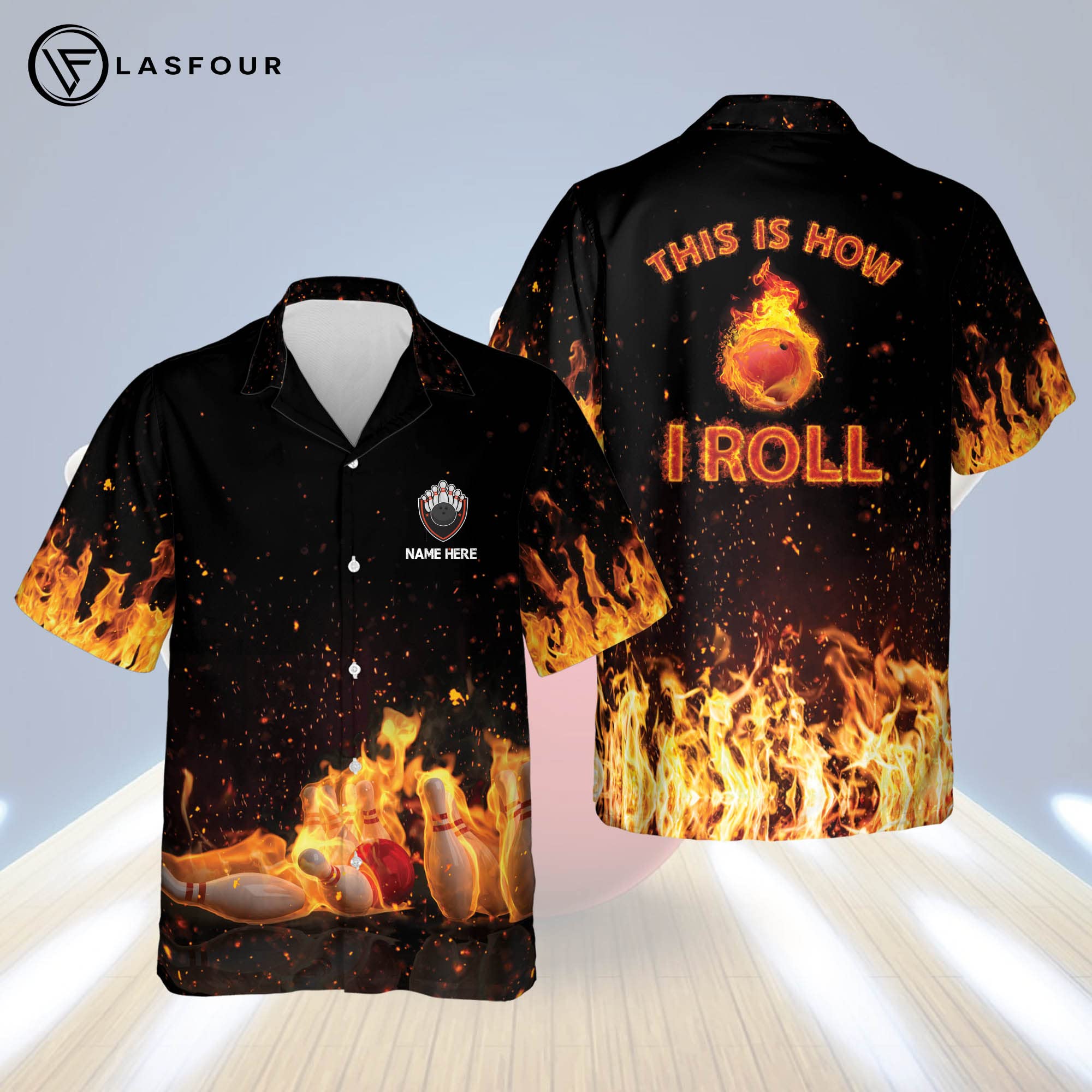 LASFOUR Men's Bowling Shirts - Short Sleeve Hawaiian Button-Down Shirts for Team Uniforms & Funny Custom Designs - Perfect for Bowling Leagues, Tournaments & Casual Wear