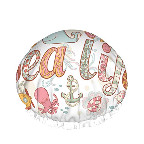 Waterproof Shower Cap for Women - Cute Sea Life Design with Compass, Anchor, Octopus, Fish, Whale & Starfish - Double Layer Reusable Bath & Shower Hat for Hair Protection - Perfect for Swimming, Beach & Spa Days