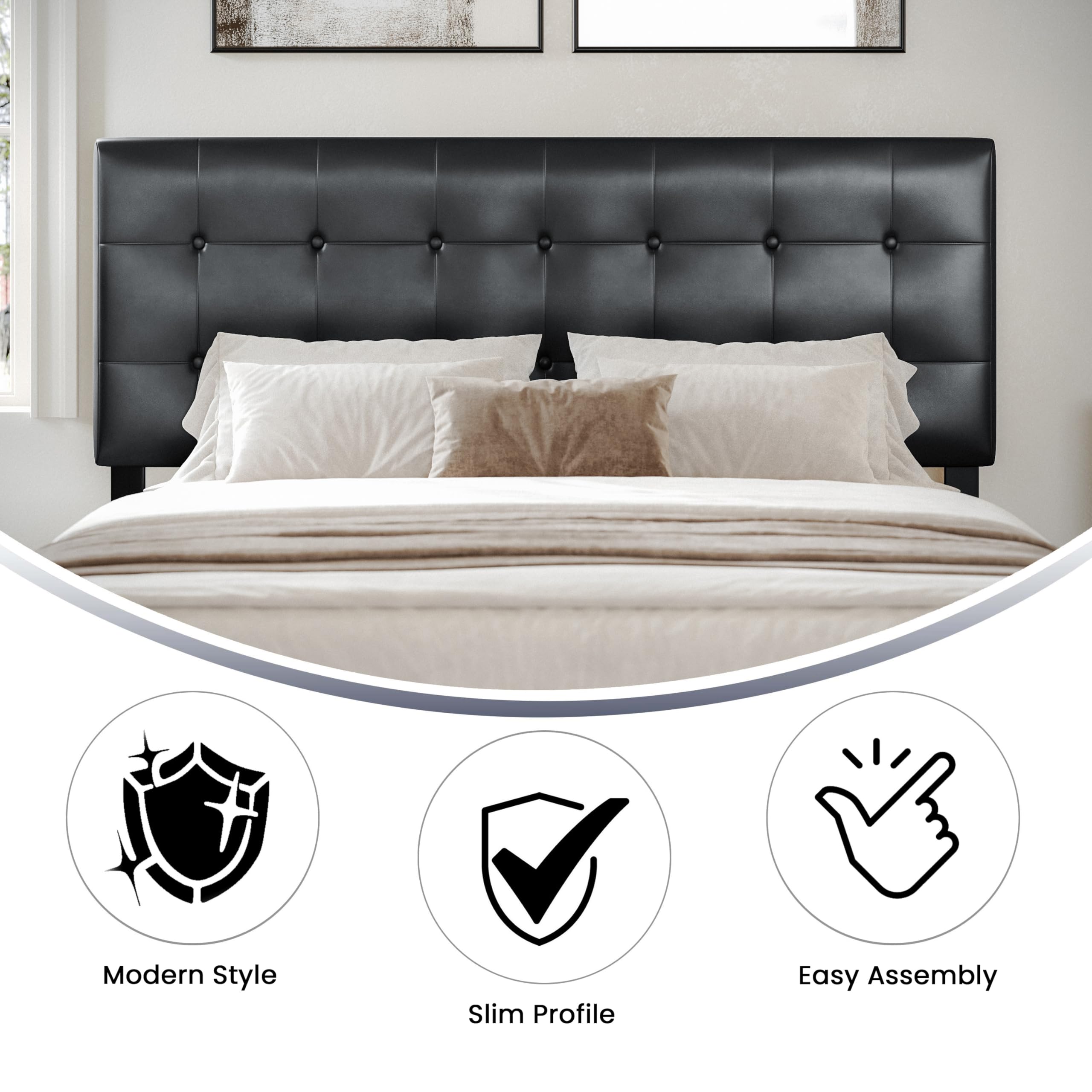 Flash Furniture Lennox Tufted Upholstered Queen Size Headboard - Adjustable Height Contemporary Vinyl Headboard in Black - Perfect for Modern Bedrooms & Guest Rooms