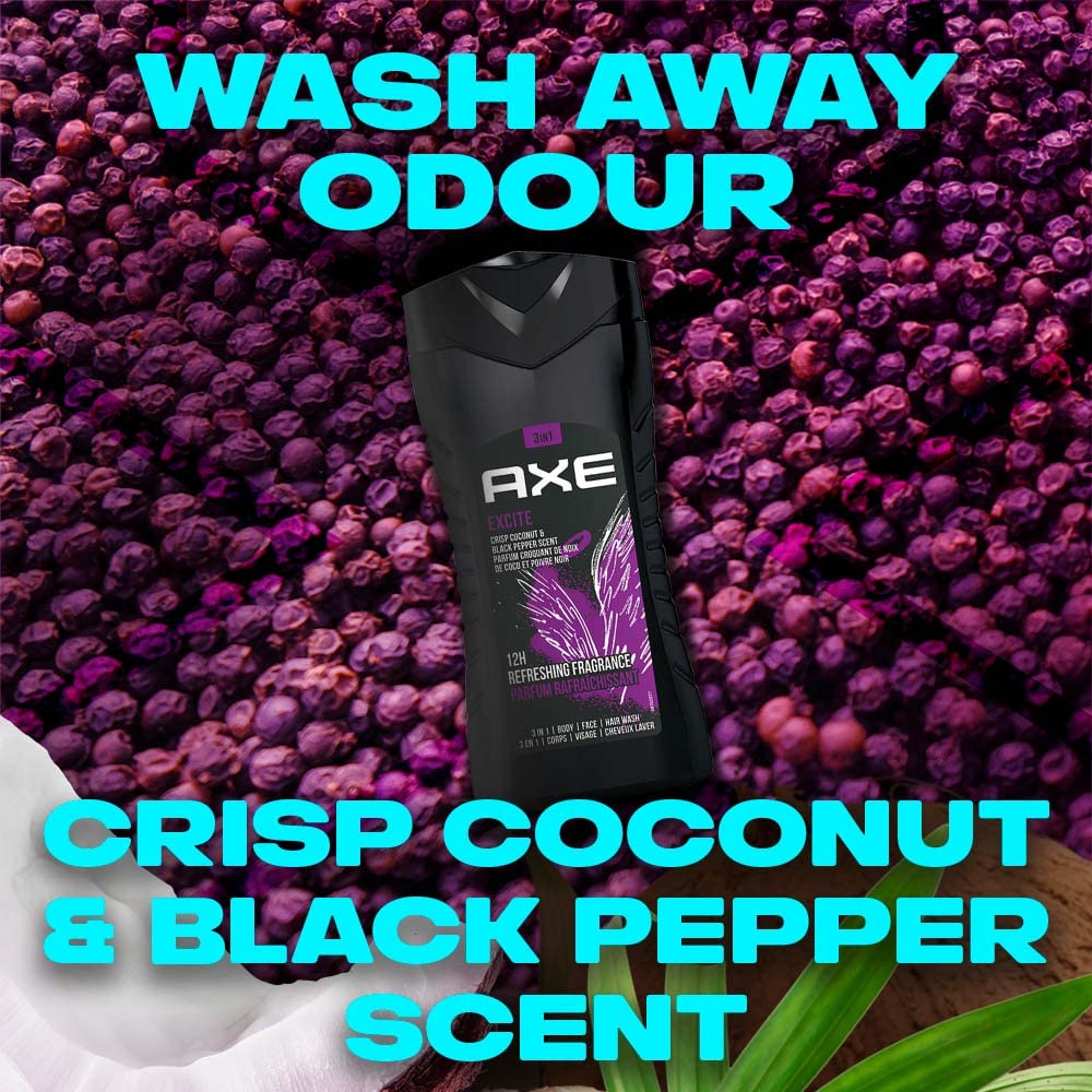 Axe Excite 3-in-1 Body, Face & Hair Wash for Men - Long-Lasting Crisp Coconut & Black Pepper Scent (12 Hours) - Natural Ingredients, Odor & Bacteria Protection, Paraben-Free, 250ml - Perfect for Gym, Travel & Daily Shower Routine