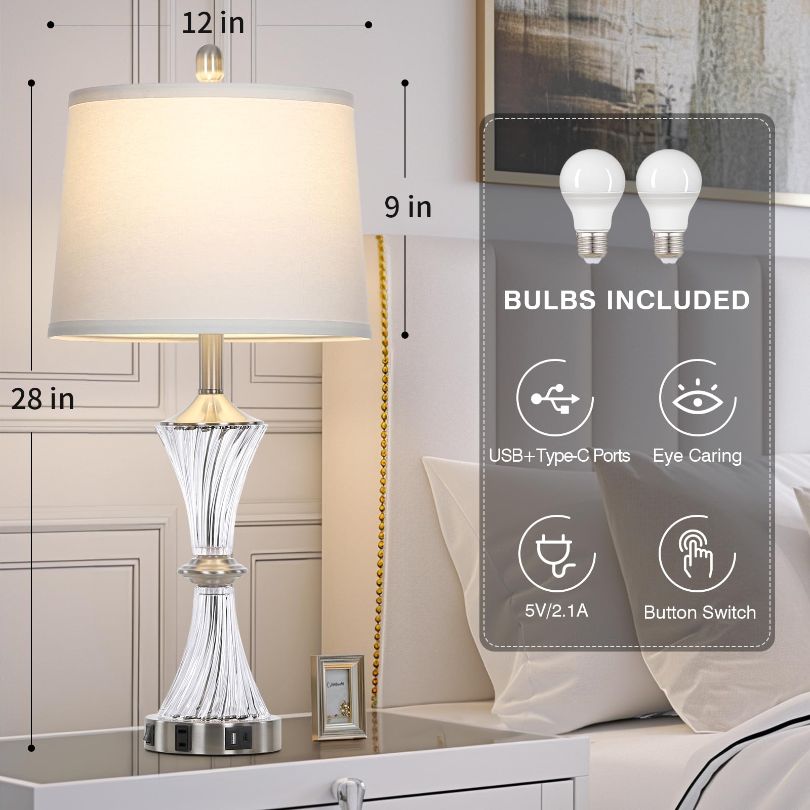 Rinweey 2-Pack Crystal Glass Table Lamps with USB C/A Ports & AC Outlet - Modern White Clear Silver Nightstand Lamps for Bedroom, Living Room - Includes LED Bulbs | Perfect for Reading, Decor, and Ambient Lighting