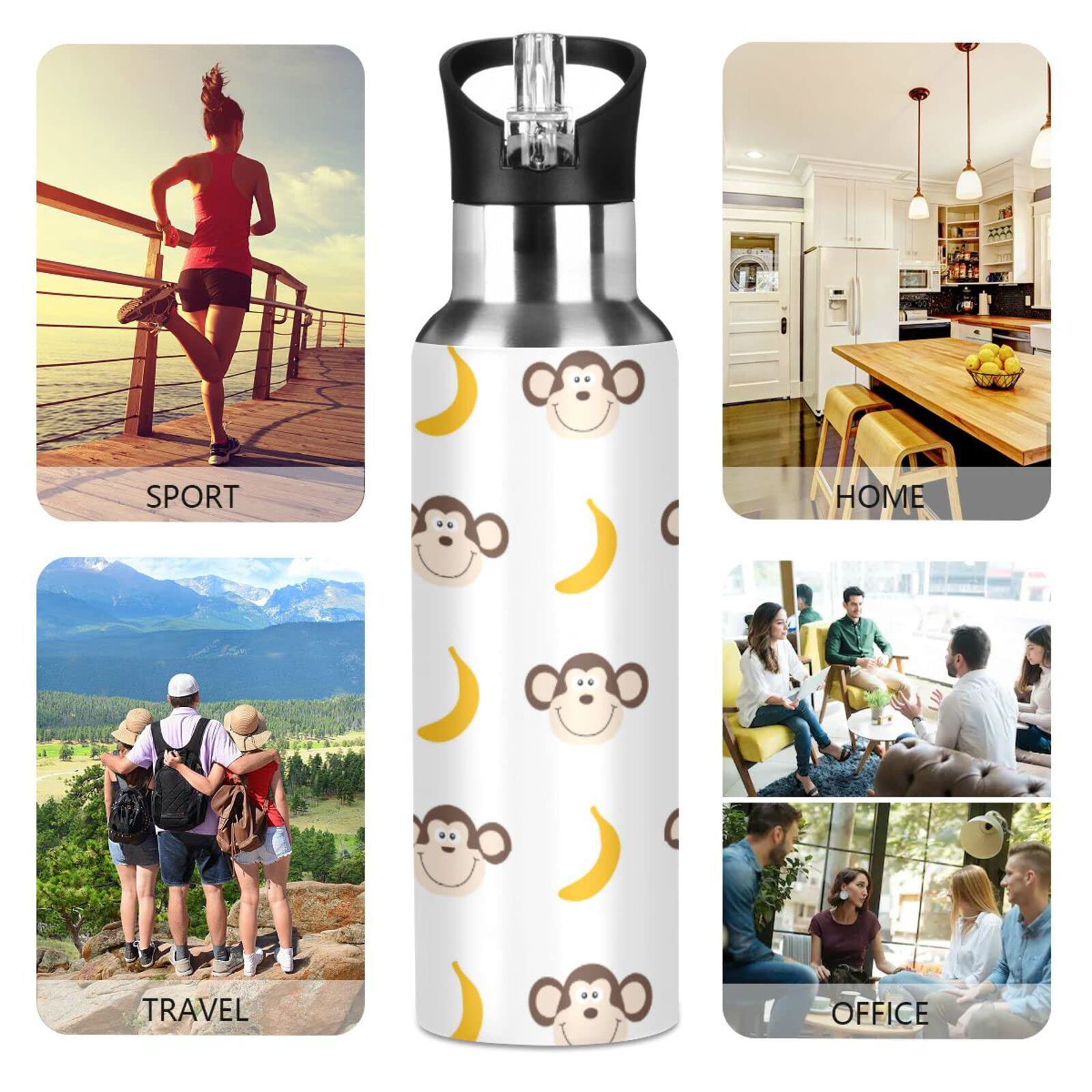 Monkey Banana Insulated Stainless Steel Water Bottle with Straw Lid - 20oz BPA-Free Vacuum Flask for Hiking, Camping, Gym & Outdoor Activities | Leakproof Handle Design for Kids & Adults