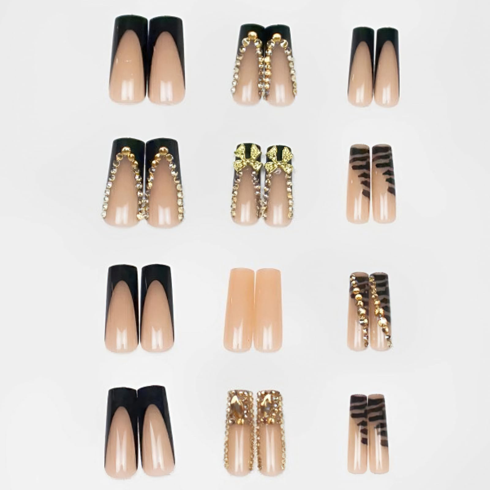 24Pcs Black French Press on Nails with Gold Rhinestone & Bow Charms - Long Square Coffin Fake Nails, Glossy Leopard Print French Tip Acrylic Nails for Women & Girls | Perfect for Parties, Weddings & Special Occasions
