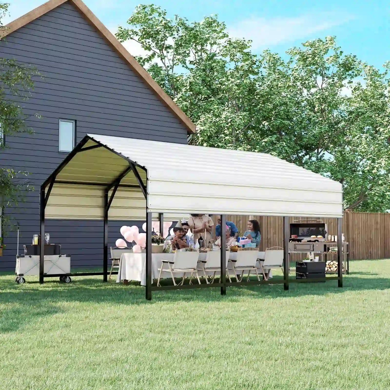 Heavy Duty Metal Roof Car Canopy - Black & White Waterproof Outdoor Shelter for Cars, Trucks, and RVs - Perfect for Parking, Camping, and Outdoor Events