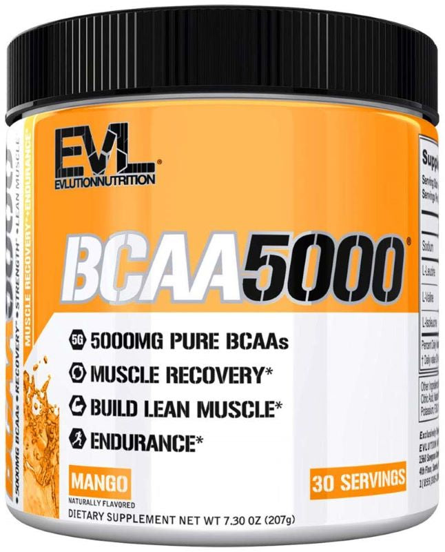 EVLution Nutrition BCAA 5000 Powder - 207g Mango Flavor | Branched Chain Amino Acids Supplement for Muscle Recovery & Workout Performance | Pre & Post Workout, Gym, Fitness Training