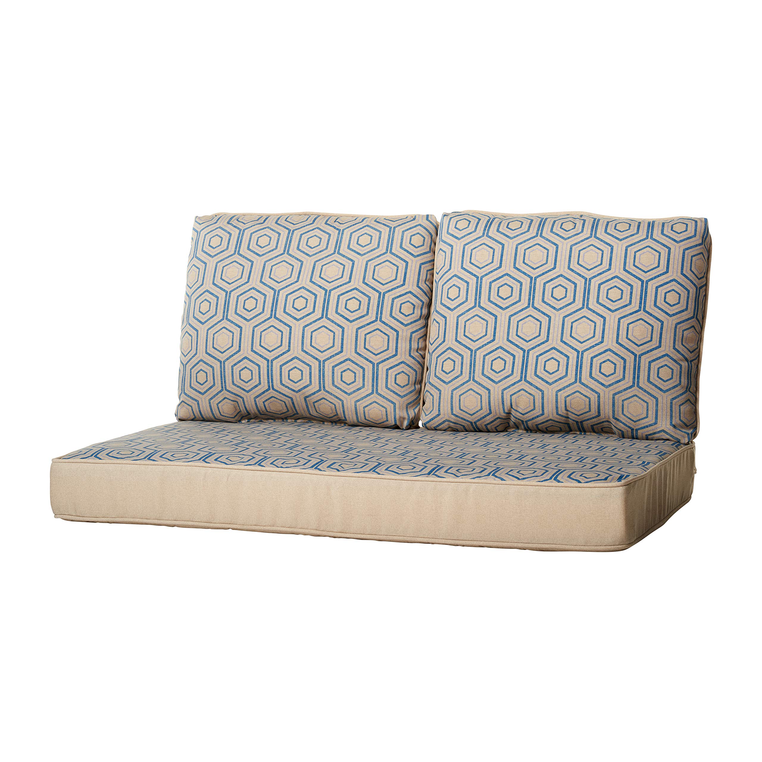 Quality Outdoor Living 46 x 26 Loveseat Cushion - 26x46, Beige/Blue Geometric Design - Perfect for Patio, Deck, and Garden Furniture
