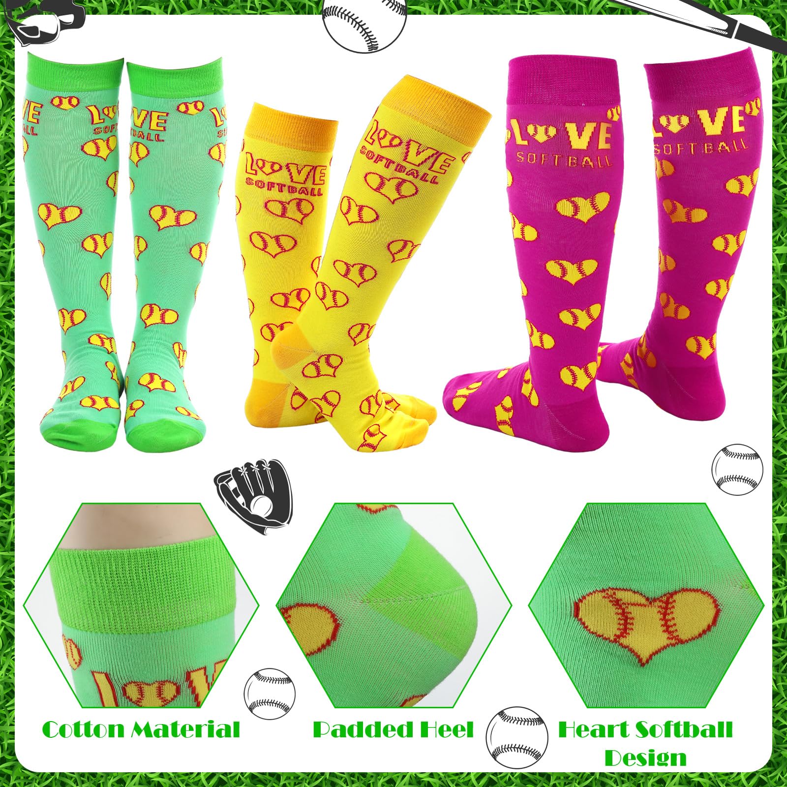3 Pairs Heart Print Softball Socks for Women & Youth - Knee High Athletic Socks for Girls - Perfect for Baseball Games, Valentine's Day Gifts & Birthday Party Presents
