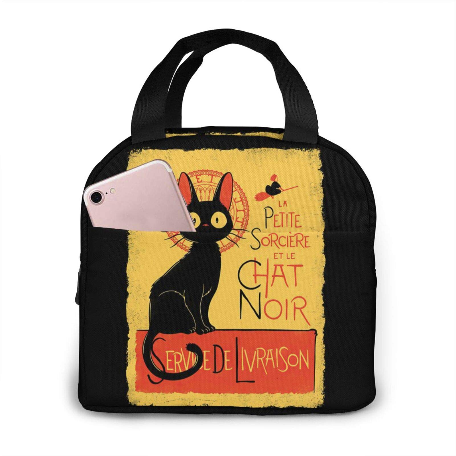 Kiki's Delivery Service Jiji Reusable Insulated Lunch Bag - Waterproof Thermal Cooler with Zipper for Women, Men & Kids - Perfect for Picnics, School & Work (Black, One Size)