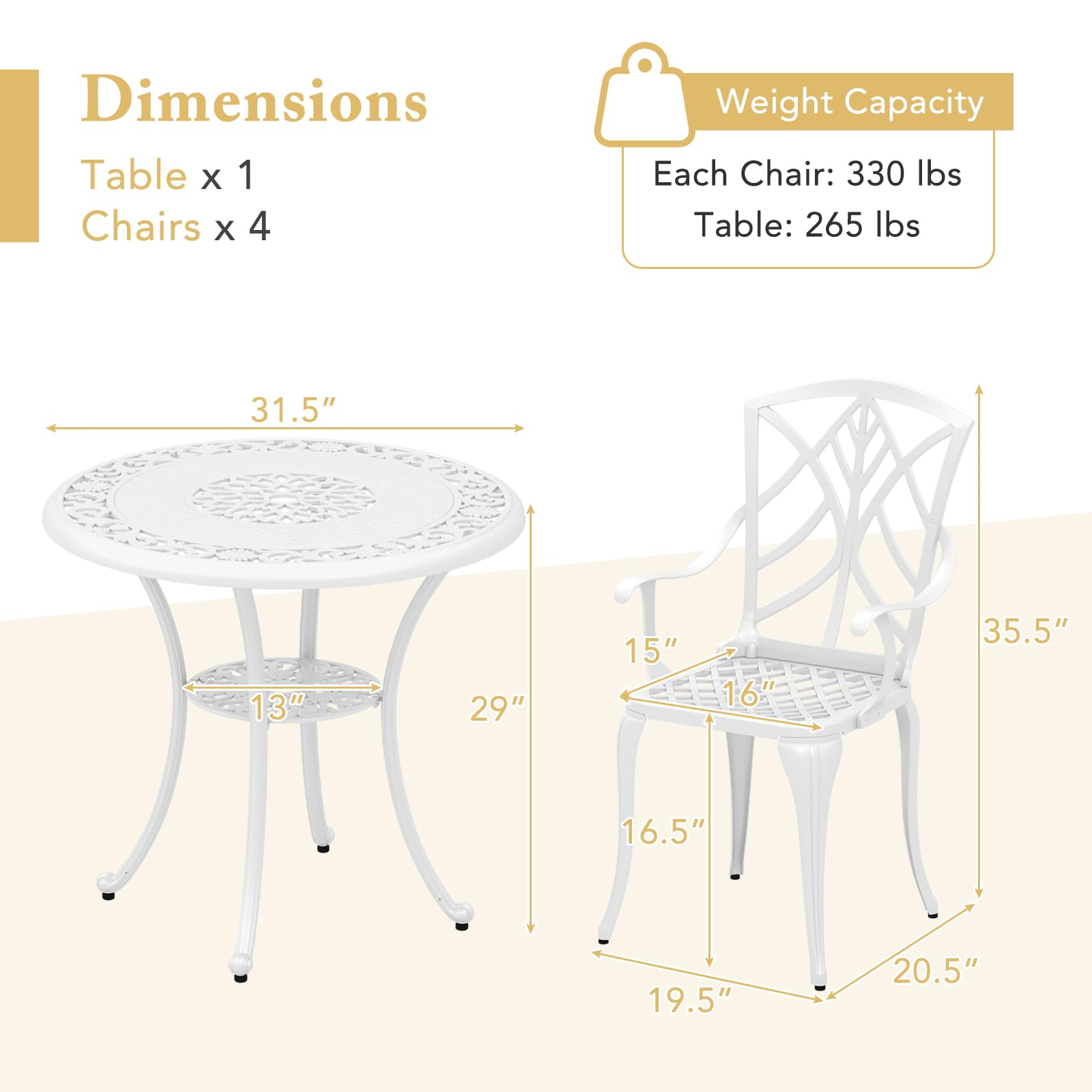 Tangkula 5-Piece Cast Aluminum Outdoor Dining Set - Round Table with 2” Umbrella Hole & 4 Armchairs, All-Weather Patio Furniture for Garden, Backyard, Balcony (White) - Perfect for Outdoor Entertaining & Relaxation