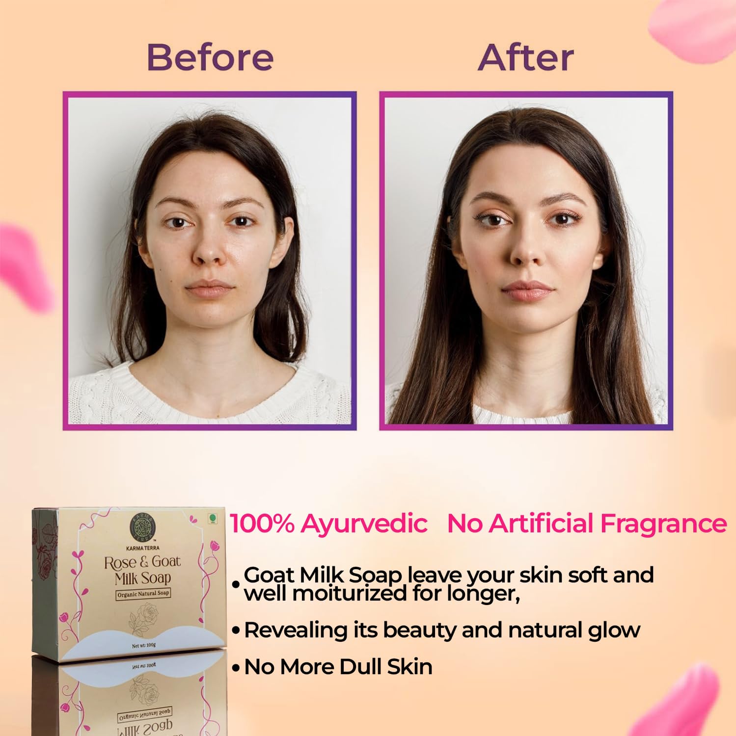 KARMA TERRA Goat Milk & Real Rose Petals Luxury Bath Soap - Deeply Nourishing & Moisturizing for Dry Skin - 100g Bar - Perfect for Spa Day, Gift Sets & Sensitive Skin Care Routine