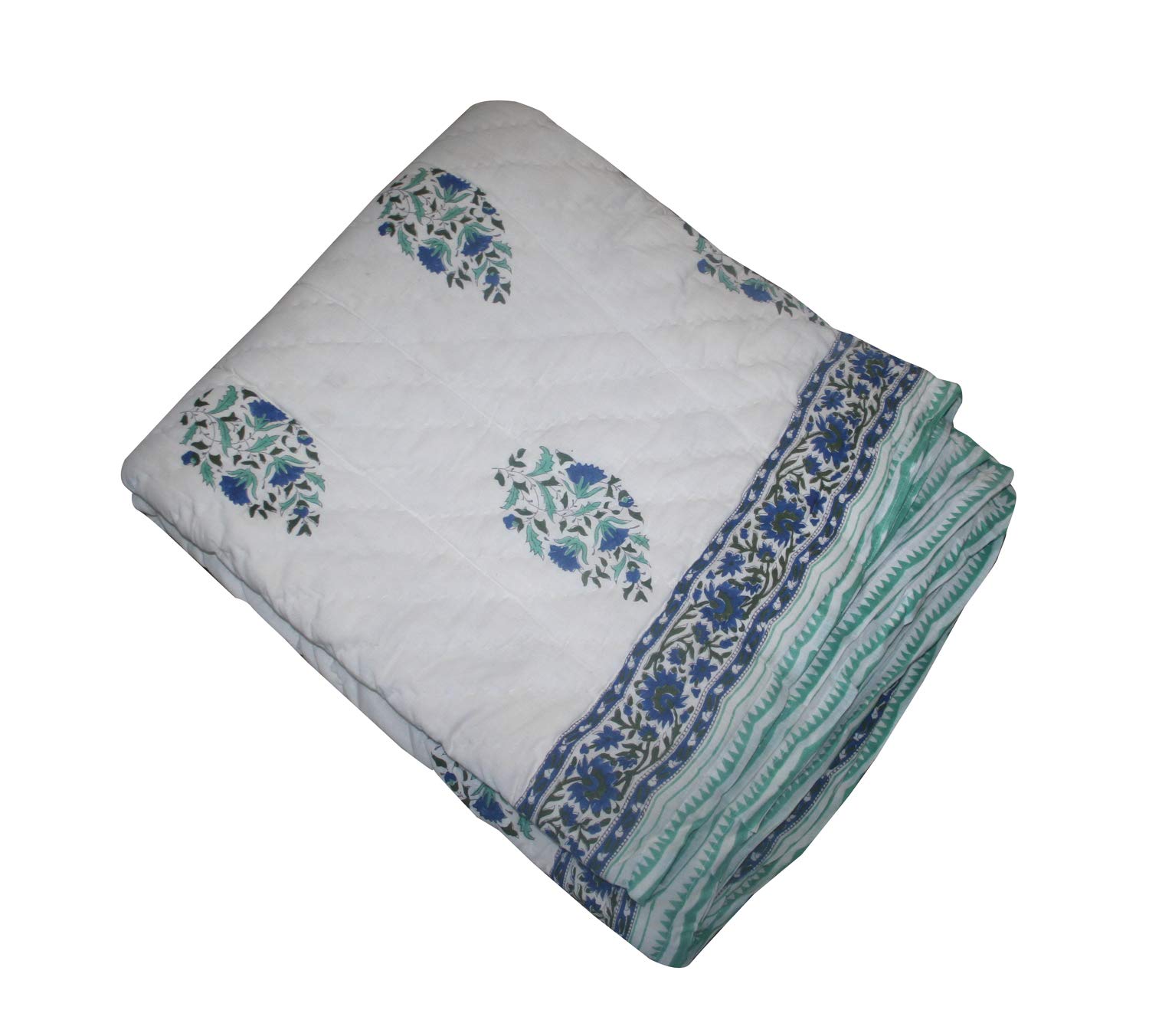 Handmade Indian Block Print Kantha Quilt - 100% Pure Cotton Jaipuri Throw Blanket (108x108 Inches King Size) - Perfect for Bedding, Sofa Decor & Boho Home Styling