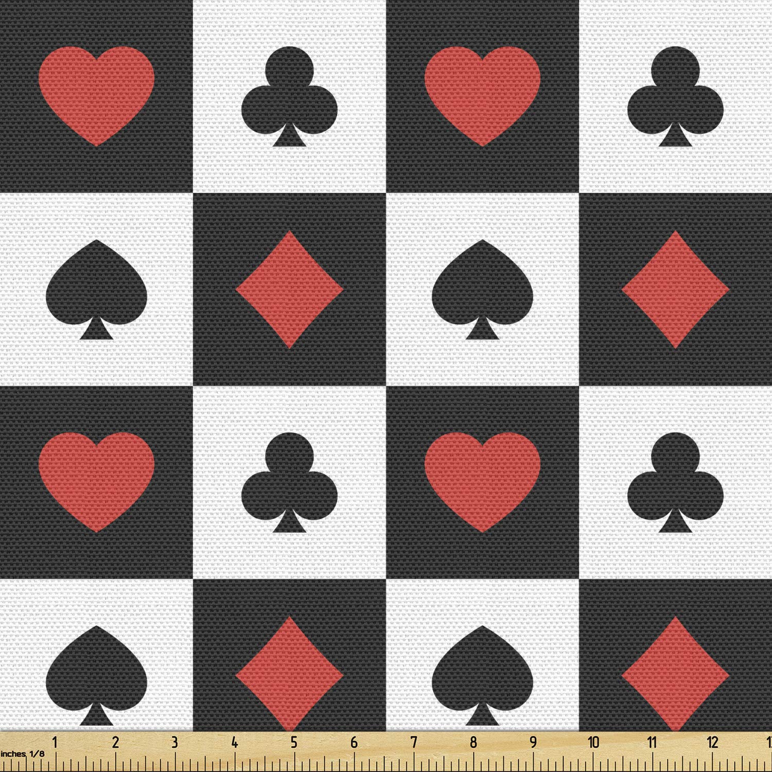 Lunarable Poker Fabric by The Yard - Checkered Squares with Poker Card Suits (Spades, Hearts, Clubs) - 10 Yards Black & White Upholstery Fabric for Home Decor, DIY Projects & Poker-Themed Room Accents