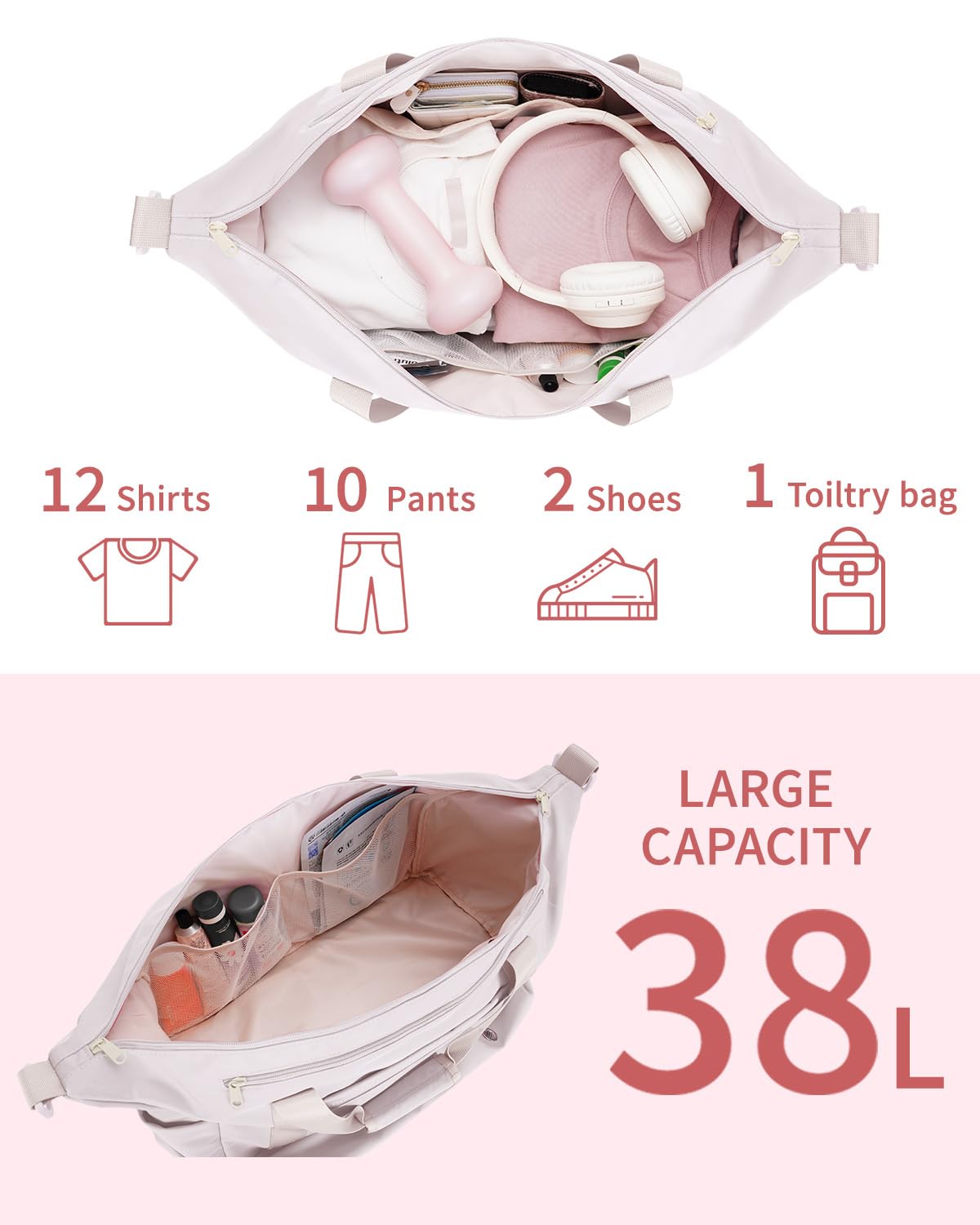 Sportsnew Women's Large Gym Travel Duffel Bag with Shoe Compartment & Wet Pocket - Water Resistant Weekender Overnight Carry On Sports Tote - Beige (Patent Pending) - Perfect for Gym, Travel, Sports & Weekend Getaways