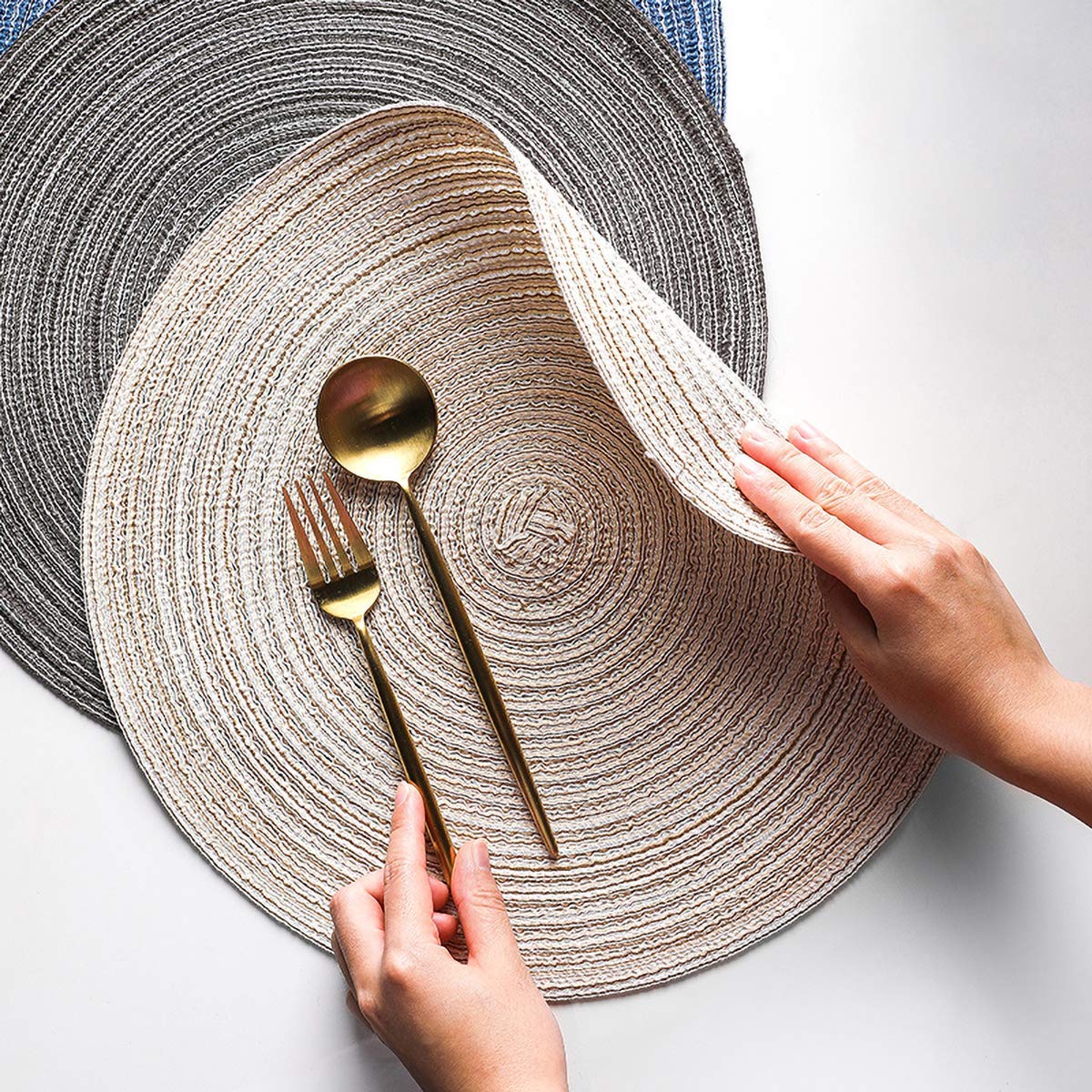 15 Inch Round Woven Placemats Set of 6 - Rustic Beige Linen Braided Table Mats for Dining, Farmhouse & Boho Style Kitchen Decor - Perfect for Dinner Parties, Holiday Gatherings & Everyday Use