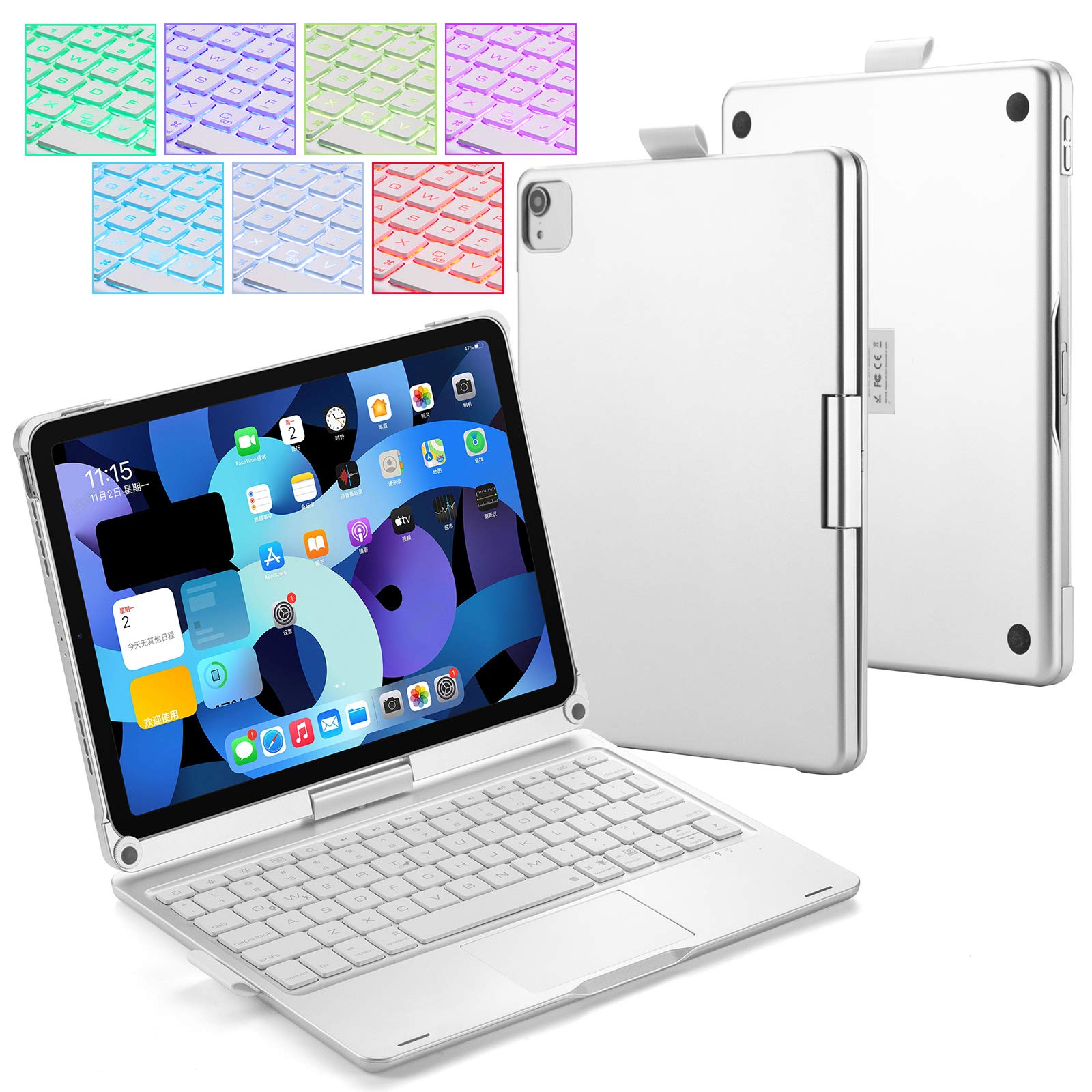Huafly iPad Keyboard Case for 2020 iPad Air 10.9 (4th Gen) - A2072/A2316/A2324/A2325 - Backlit Bluetooth Keyboard with Touchpad - 360° Rotatable Protective Cover for 10.9 inch Tablet (Silver) - Perfect for Work, Study & Travel
