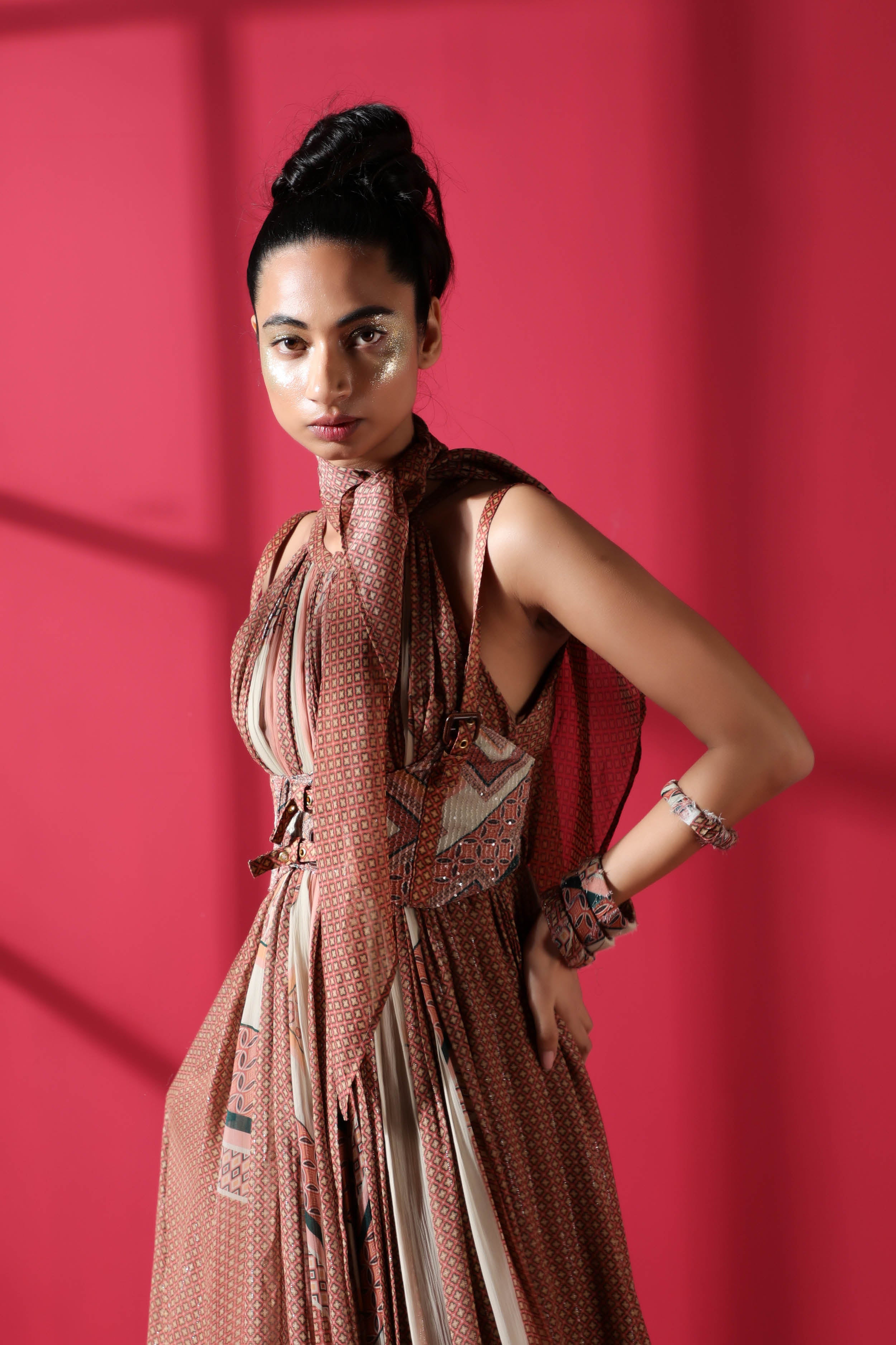 Stylish Terracotta Mix Print Maxi Dress with Matching Scarf - Boho Chic Summer Dress for Beach Vacations & Outdoor Parties