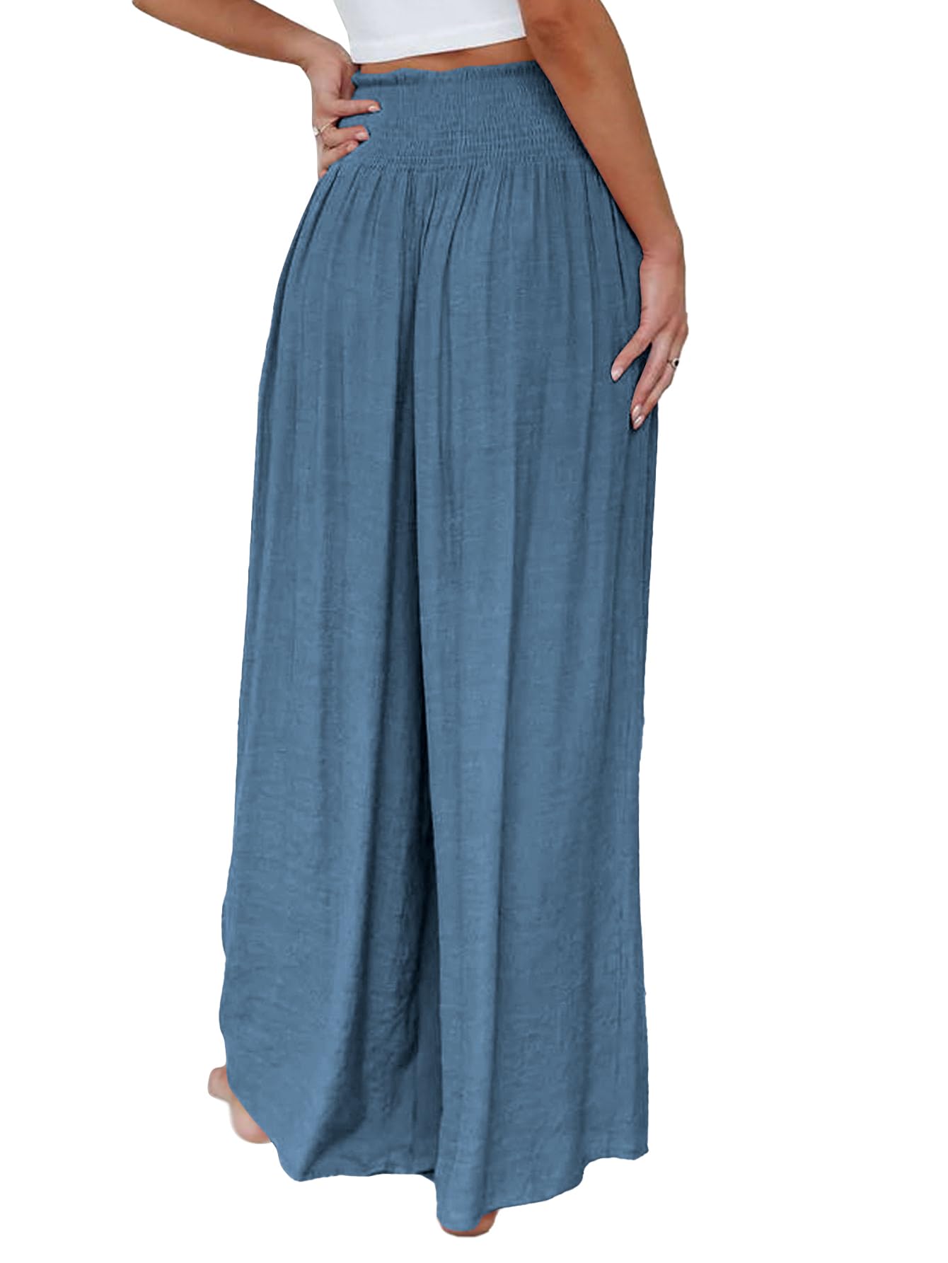 OPOIPIN Women's Smocked High Waisted Lounge Pants - Wide Leg Comfortable Long Trousers with Pockets for Casual Wear, Yoga & Home Relaxation