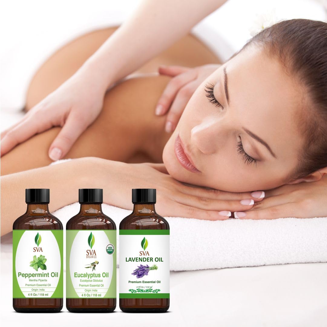 **Premium Peppermint, Lavender & Eucalyptus Essential Oil Set - 4oz Bundle for Aromatherapy, Scalp Massage, Hair & Skin Care - Relaxation, Stress Relief & Home Spa Use**